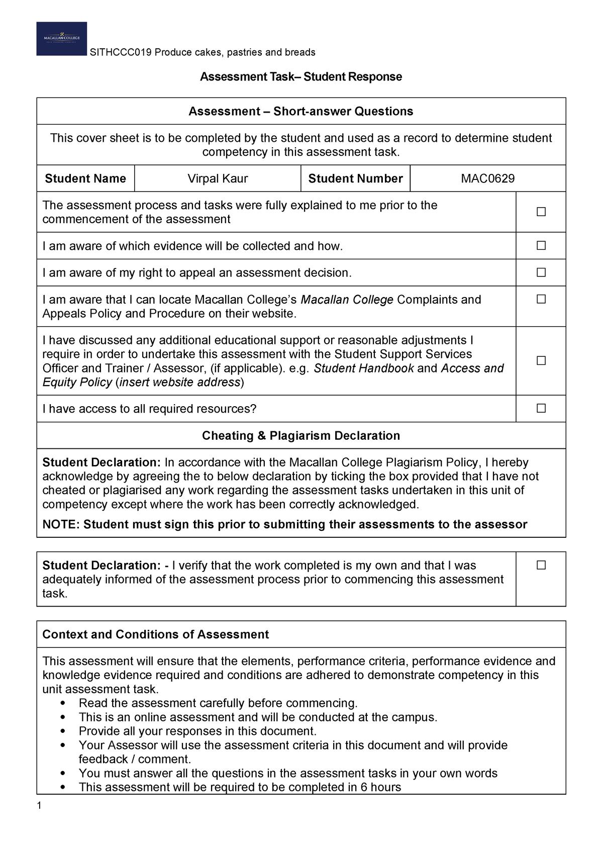 Sithccc 019-Written Assessment - Response Sheet - Assessment Task ...