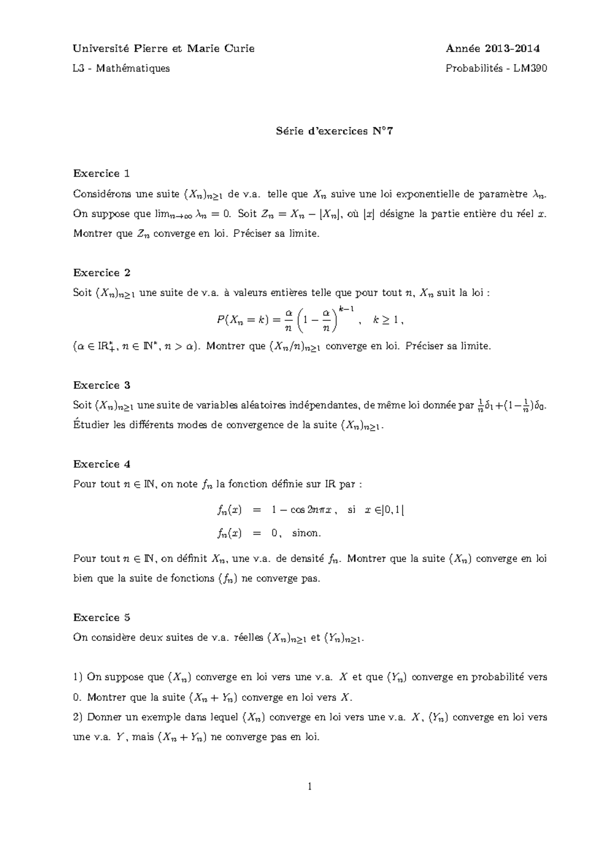 TD7proba - Universit ́e Pierre et Marie Curie L3 - Math ́ematiques Ann ...