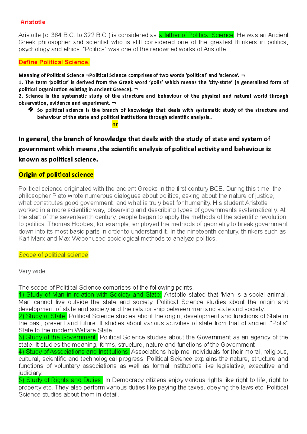 Political Science - Notes - Aristotle Aristotle (c. 384 B. To 322 B ...