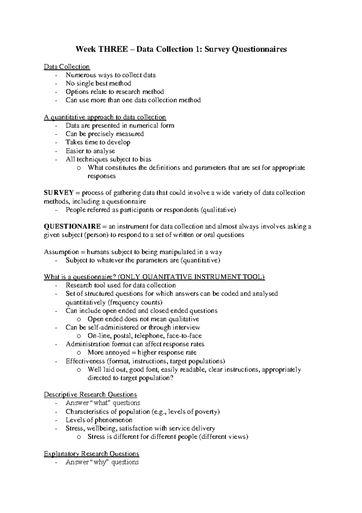 Health Week 3 - Week THREE – Data Collection 1: Survey Questionnaires ...