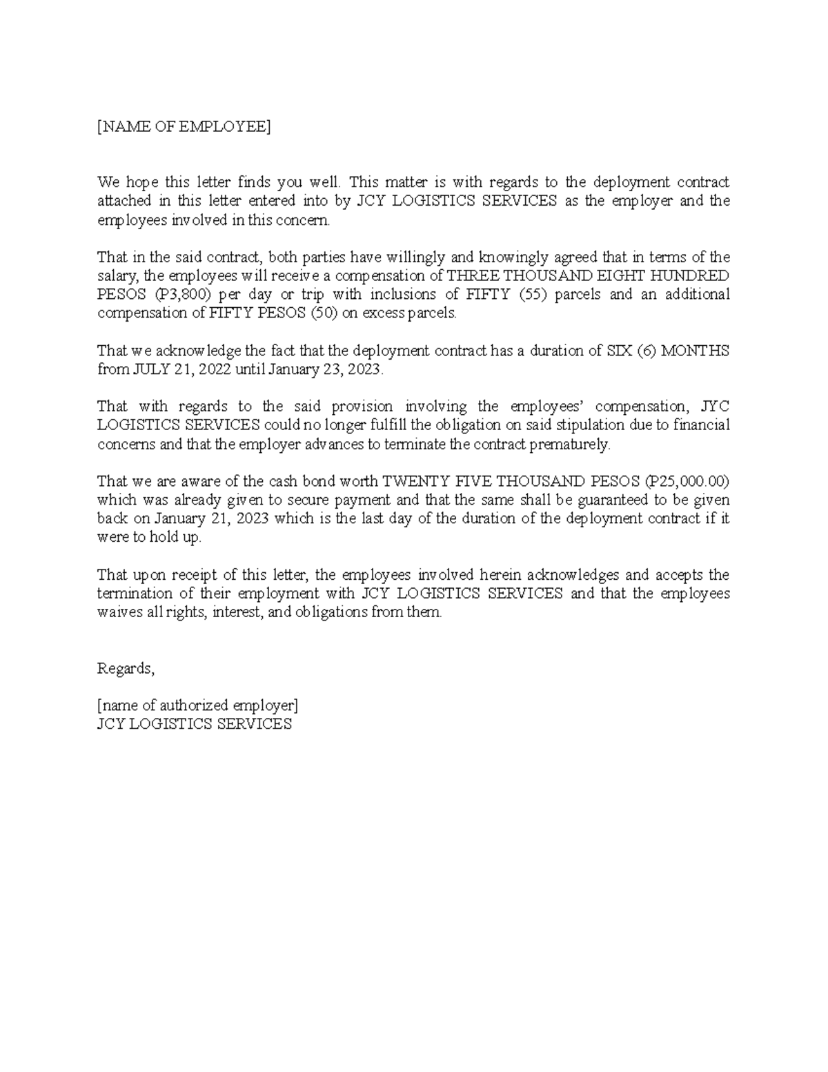 JCY Logistics Services 2 - [NAME OF EMPLOYEE] We hope this letter finds ...