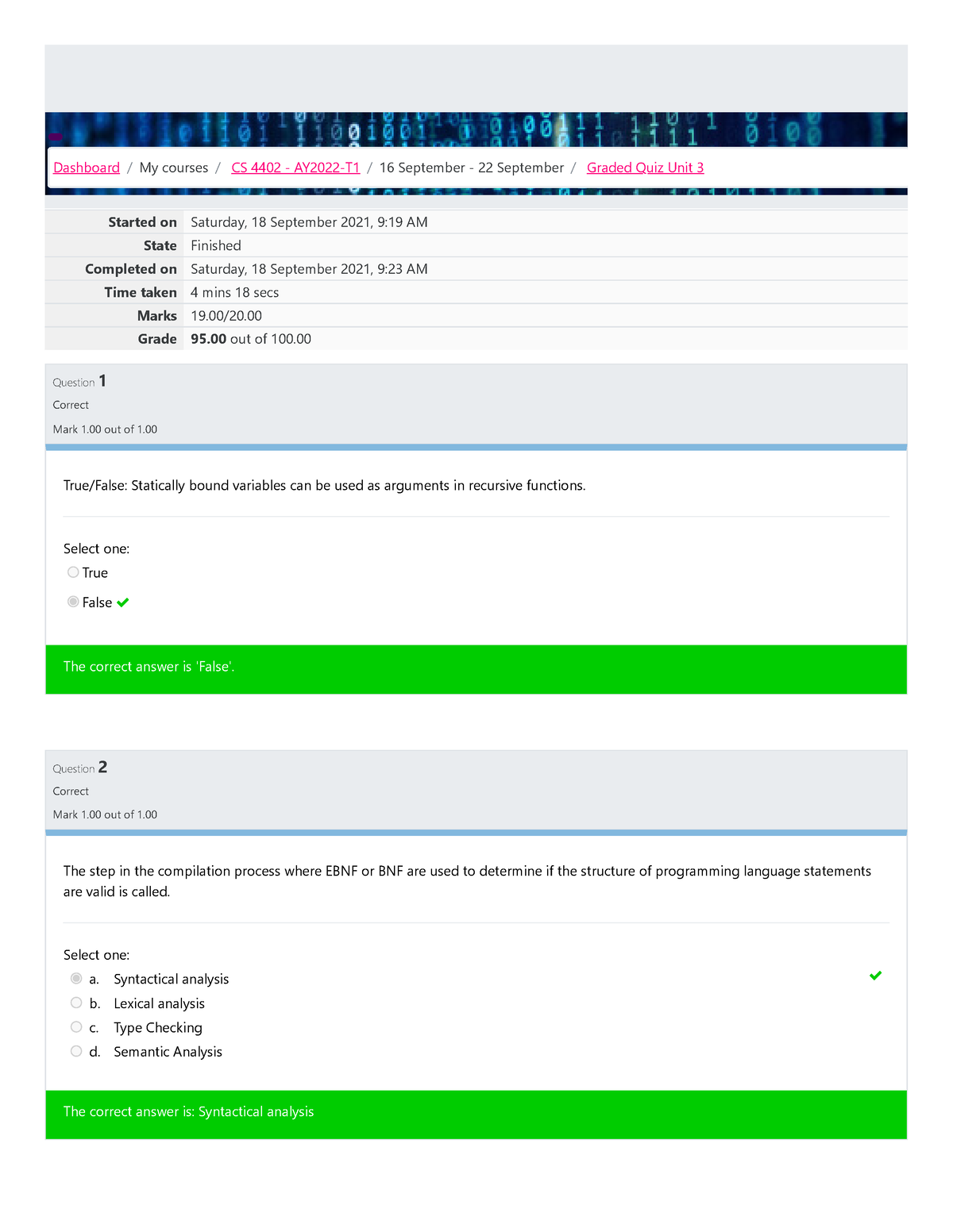 Graded Quiz Unit 3 Attempt Review - Started On Saturday, 18 September ...