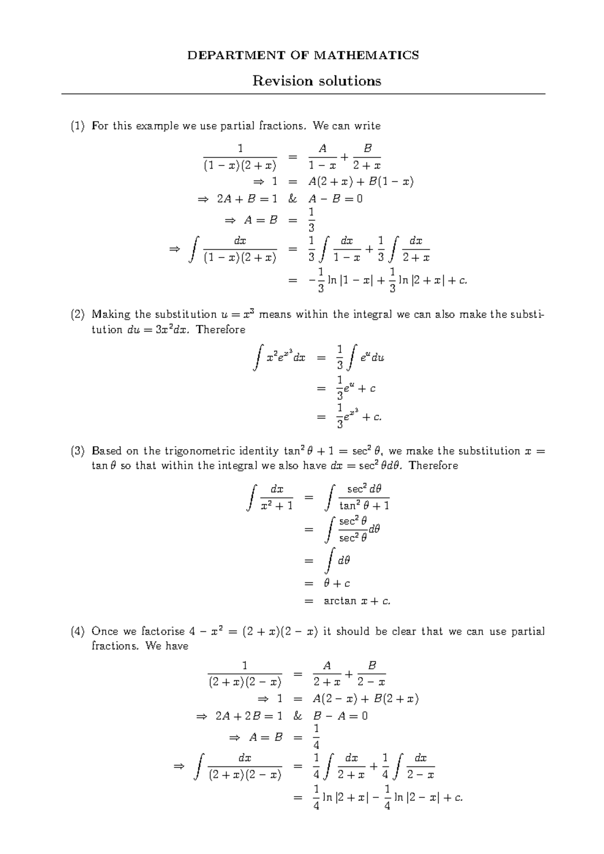 1 Integrals Solutions - DEPARTMENT OF MATHEMATICS Revision solutions (1 ...