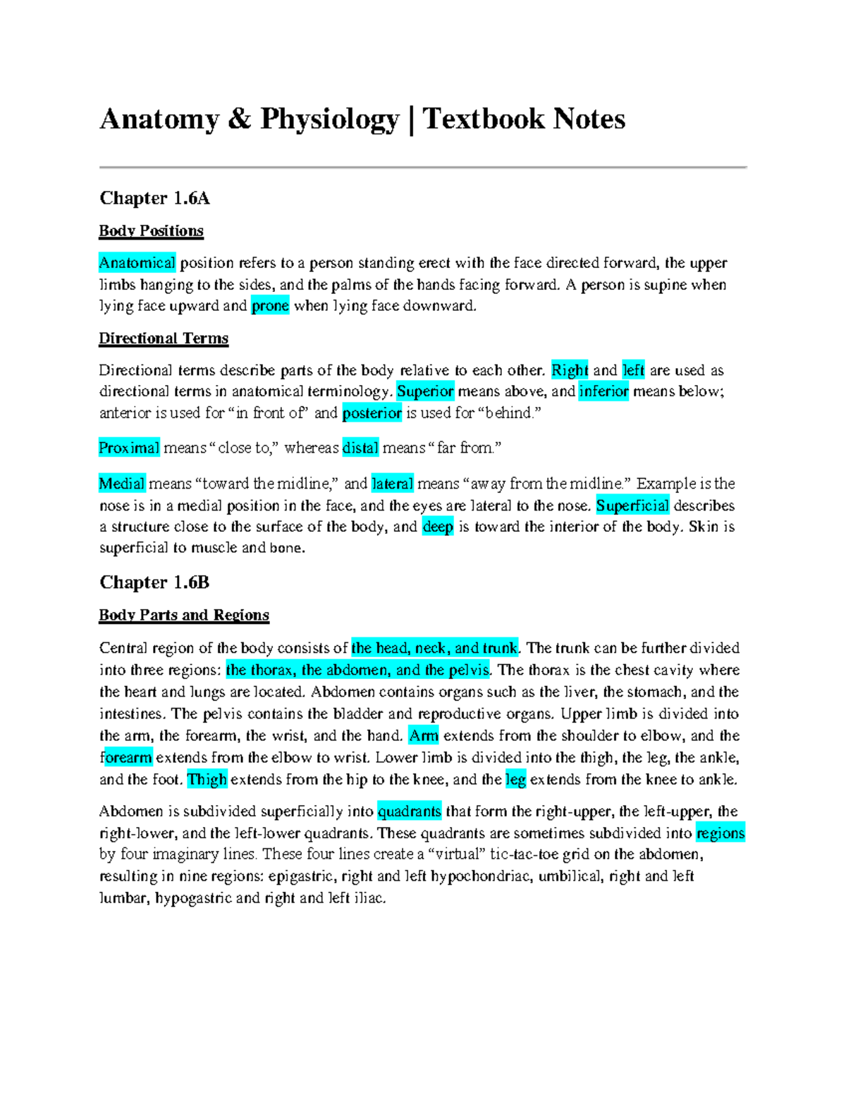 BIOL-2401 Textbook Notes (Ch 1.6) - Anatomy & Physiology | Textbook ...