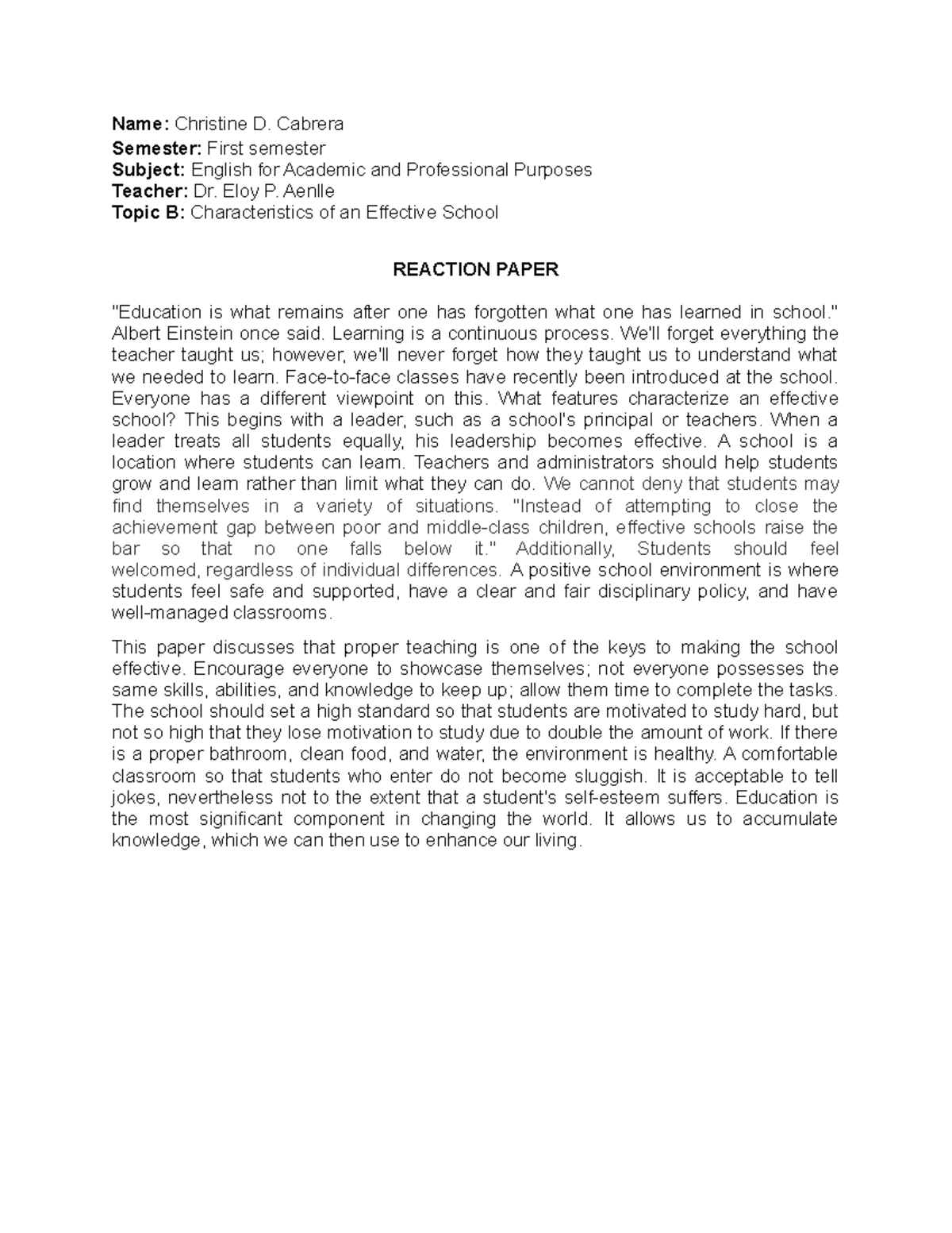 Name - hehe - Name: Christine D. Cabrera Semester: First semester ...