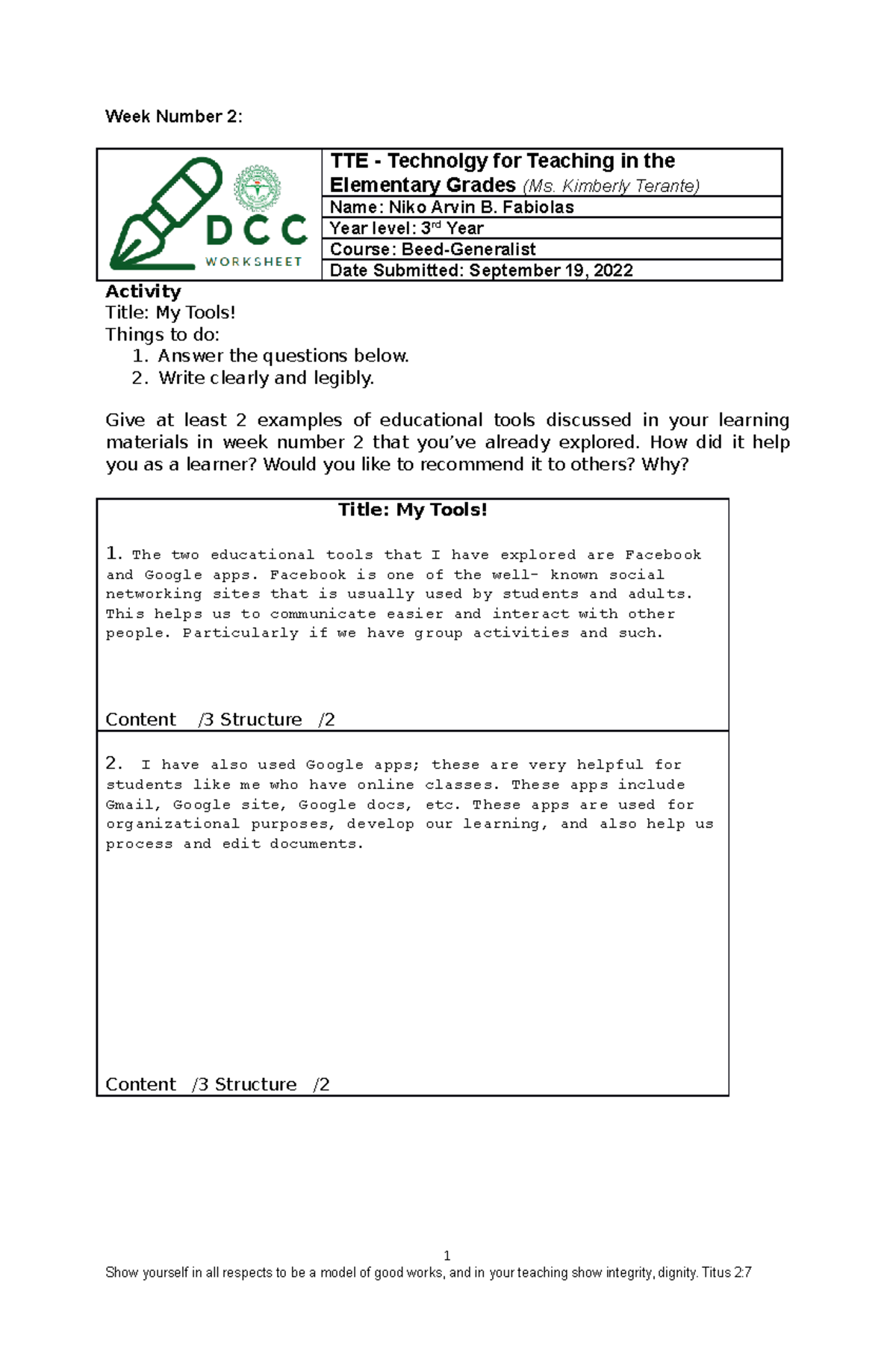 TTE Worksheet week 2 - aaaa - Week Number 2: TTE - Technolgy for ...
