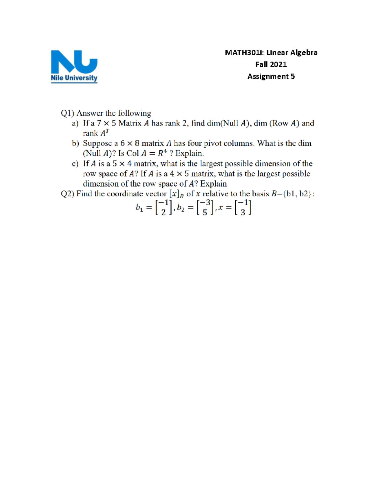 MATH 301 I - Assignment 5 - Linear Algebra - MATH301i: Linear Algebra ...