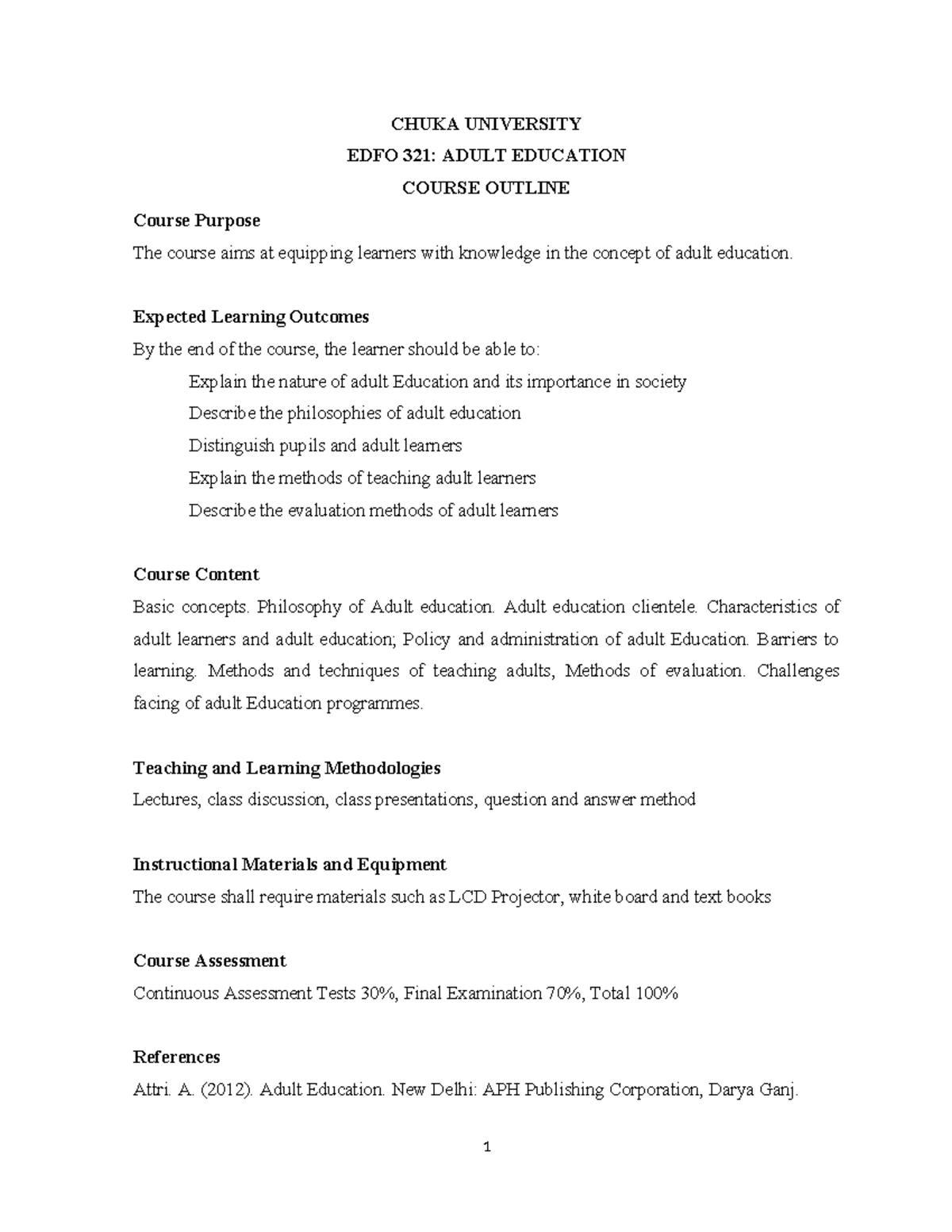 EDFO 321 Notes - newest - CHUKA UNIVERSITY EDFO 321: ADULT EDUCATION ...