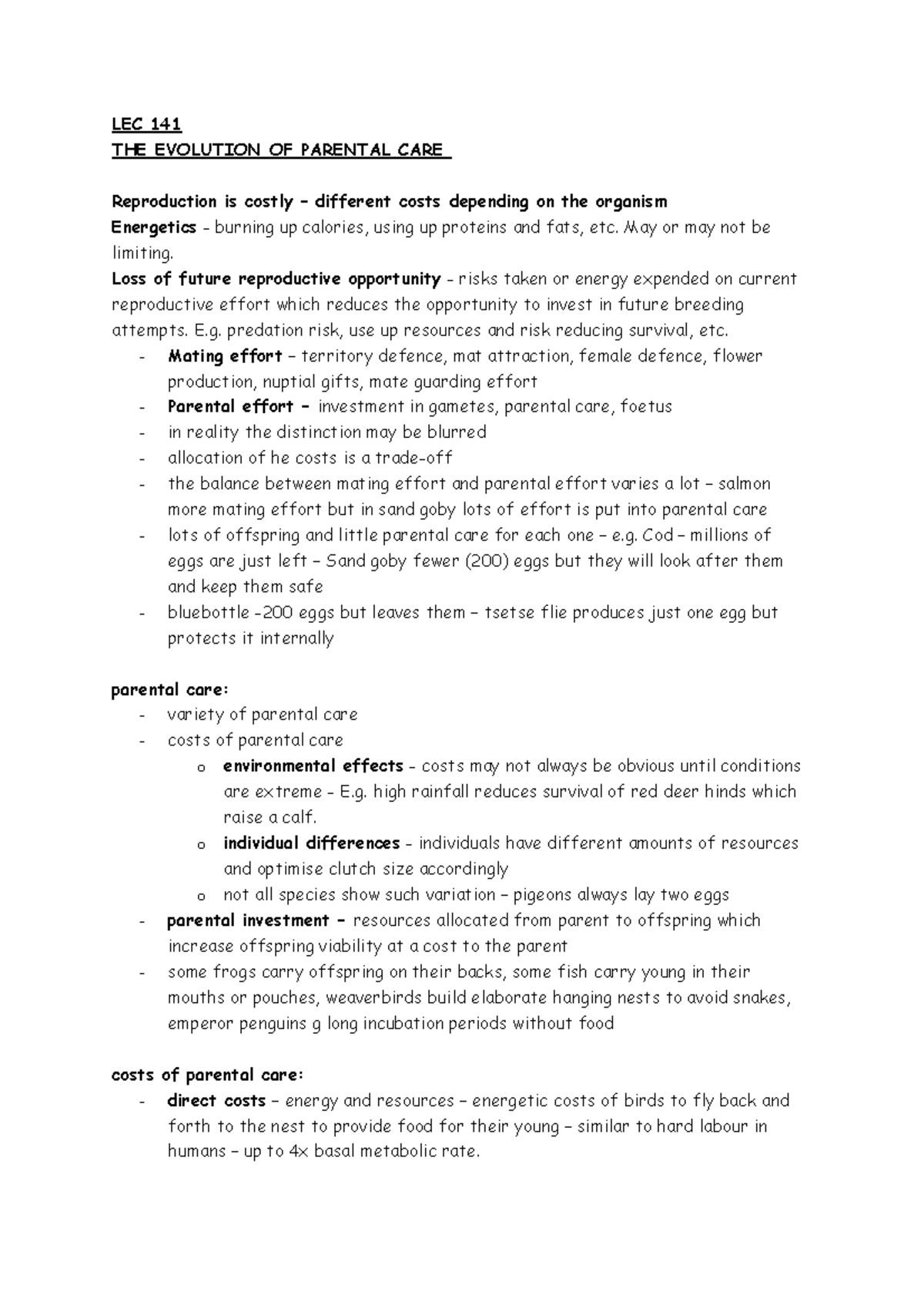 Lecture 9 evolution of parental care LEC 141 THE EVOLUTION OF