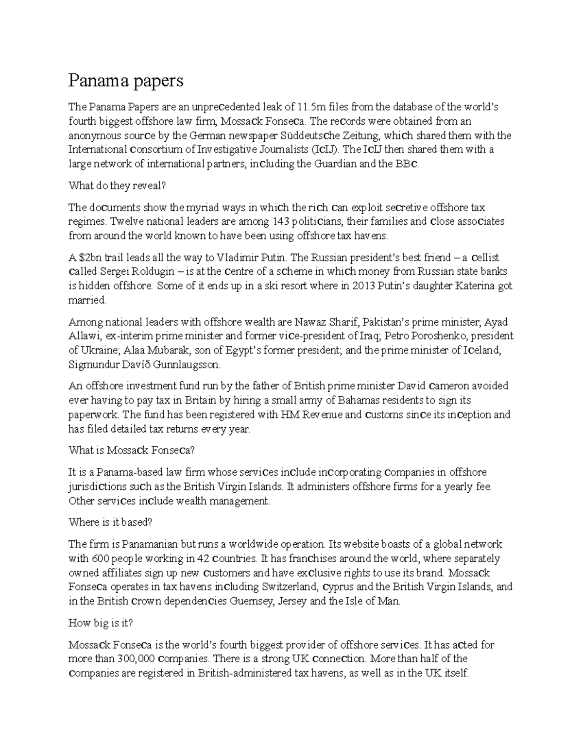 Panama papers Summary Business Financing Panama papers The Panama