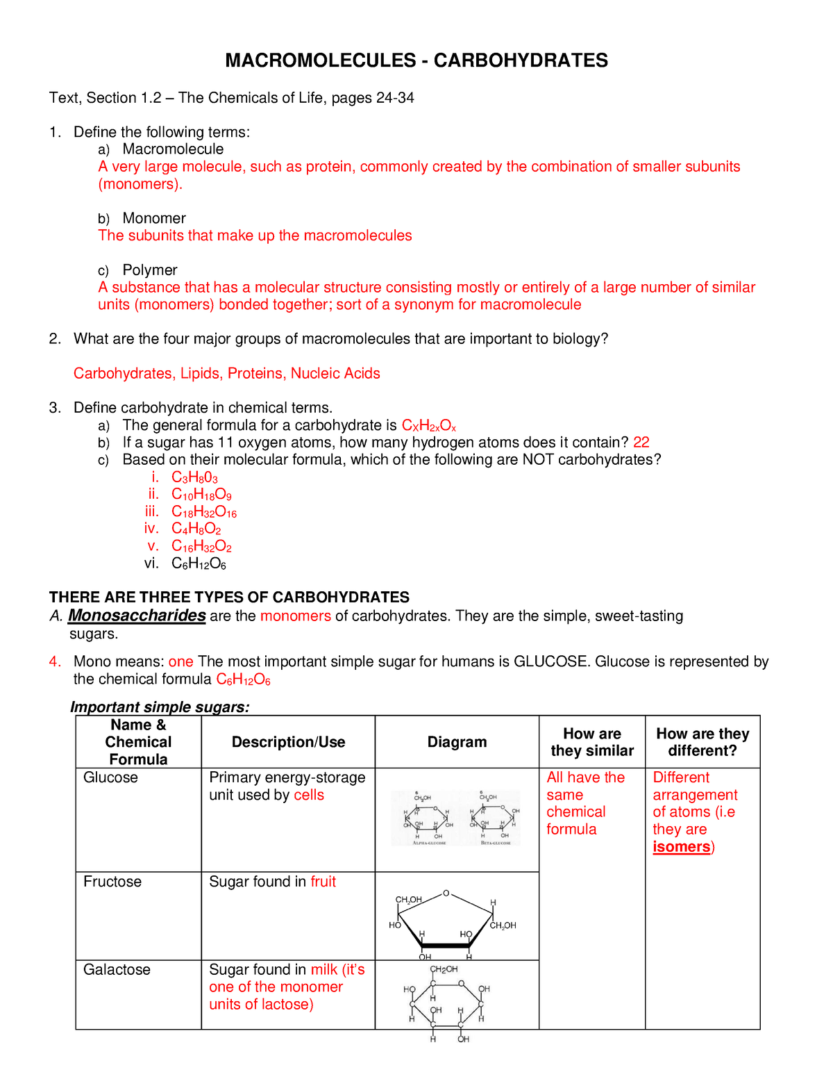 Carbohydrates – Unlocking the Secrets of Structure and Function – Worksheet Answer Key