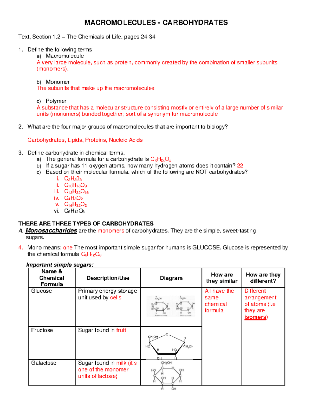 Answers - Carbohydrate worksheets and diagrams - MACROMOLECULES -  CARBOHYDRATES Text, Section 1 – - Studocu