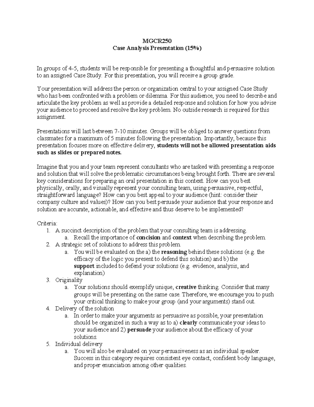 Case analysis presentation guidelines - MGCR Case Analysis Presentation ...