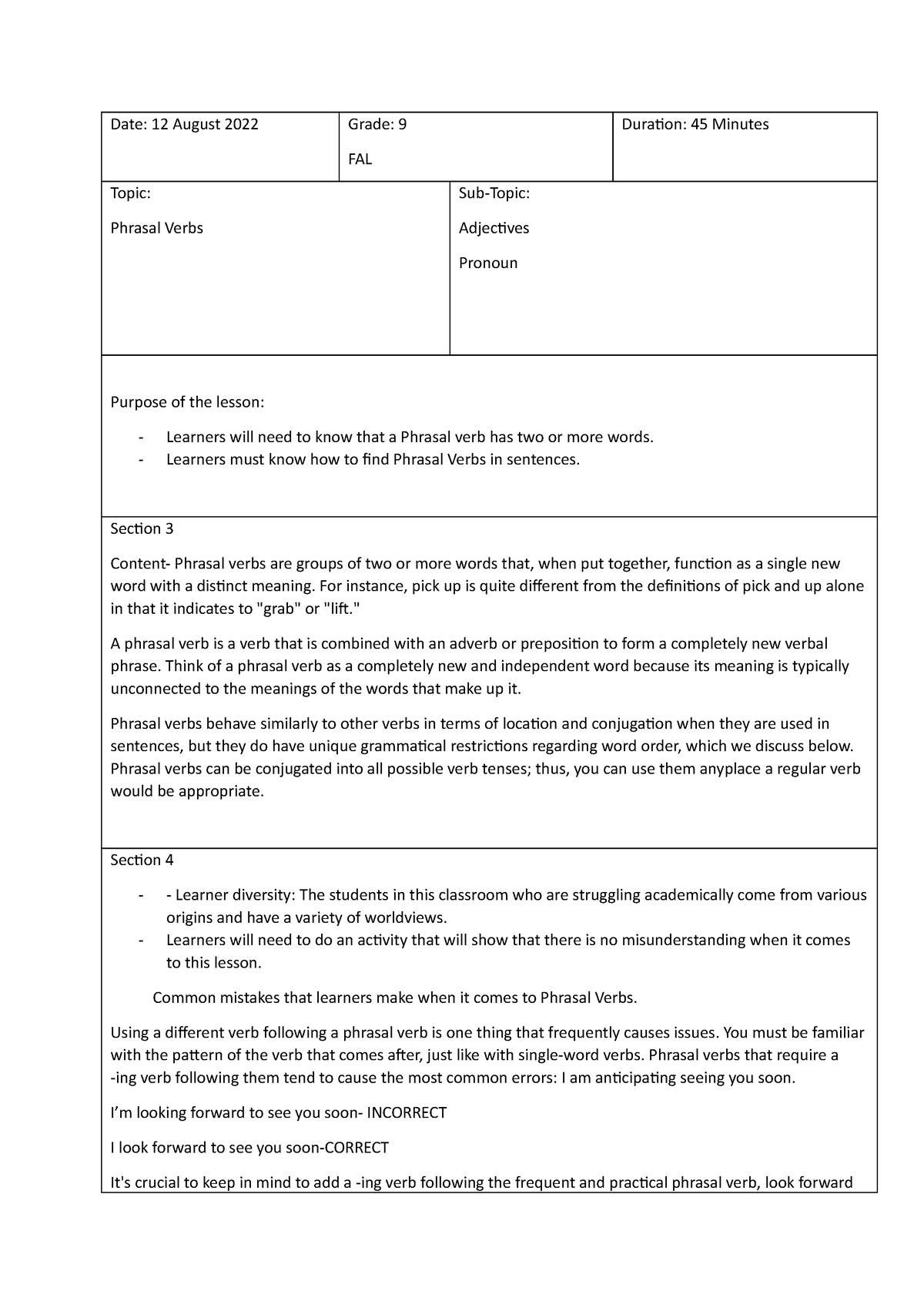 Grade 9 Lesson plan - English - Date: 12 August 2022 Grade: 9 FAL ...