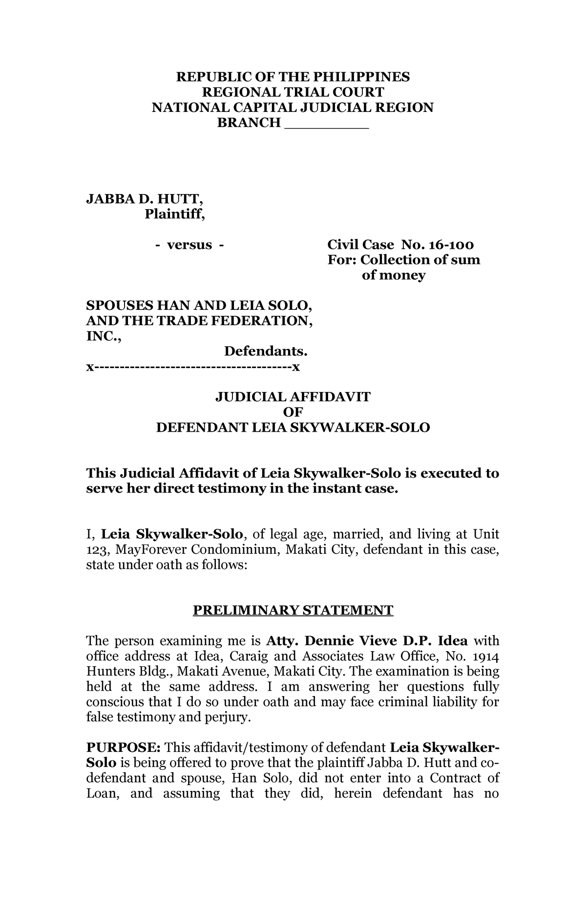 Sample Judicial Affidavit - REPUBLIC OF THE PHILIPPINES REGIONAL TRIAL ...