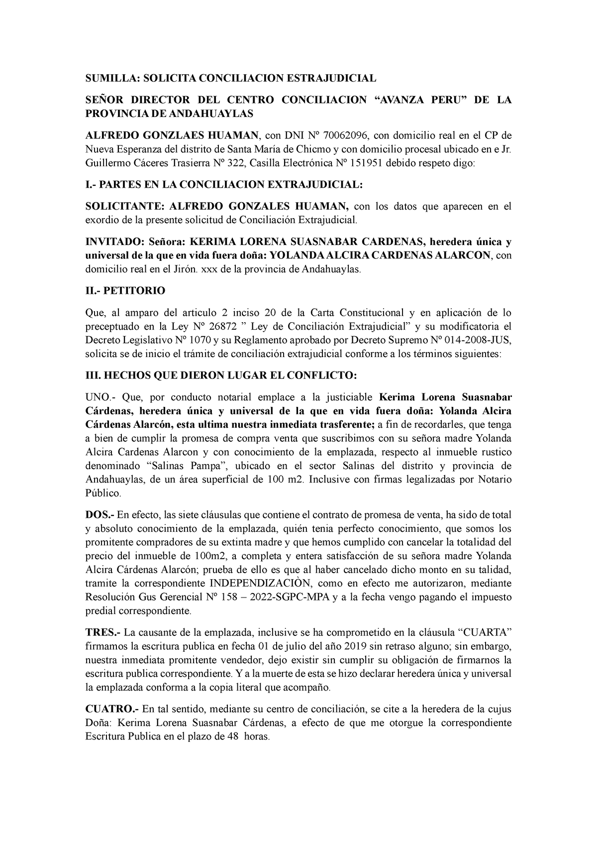 Conciliacion Extrajudicial - SUMILLA: SOLICITA CONCILIACION ...