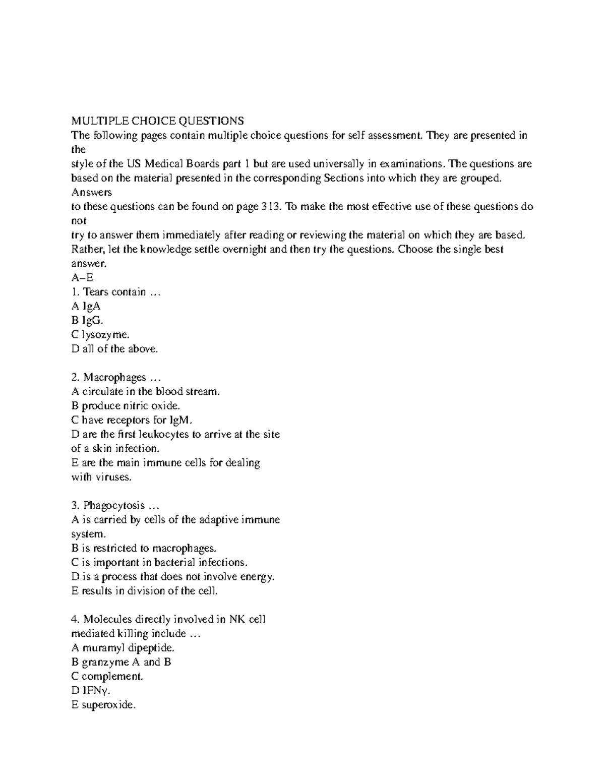 Multiple Choice Questions BSCI3226 Immunology Vandy