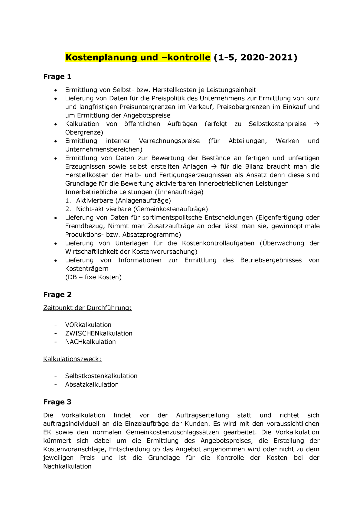 Kostenplanung Und –kontrolle Lecturenotes 1to5 20202021 - Kostenplanung ...