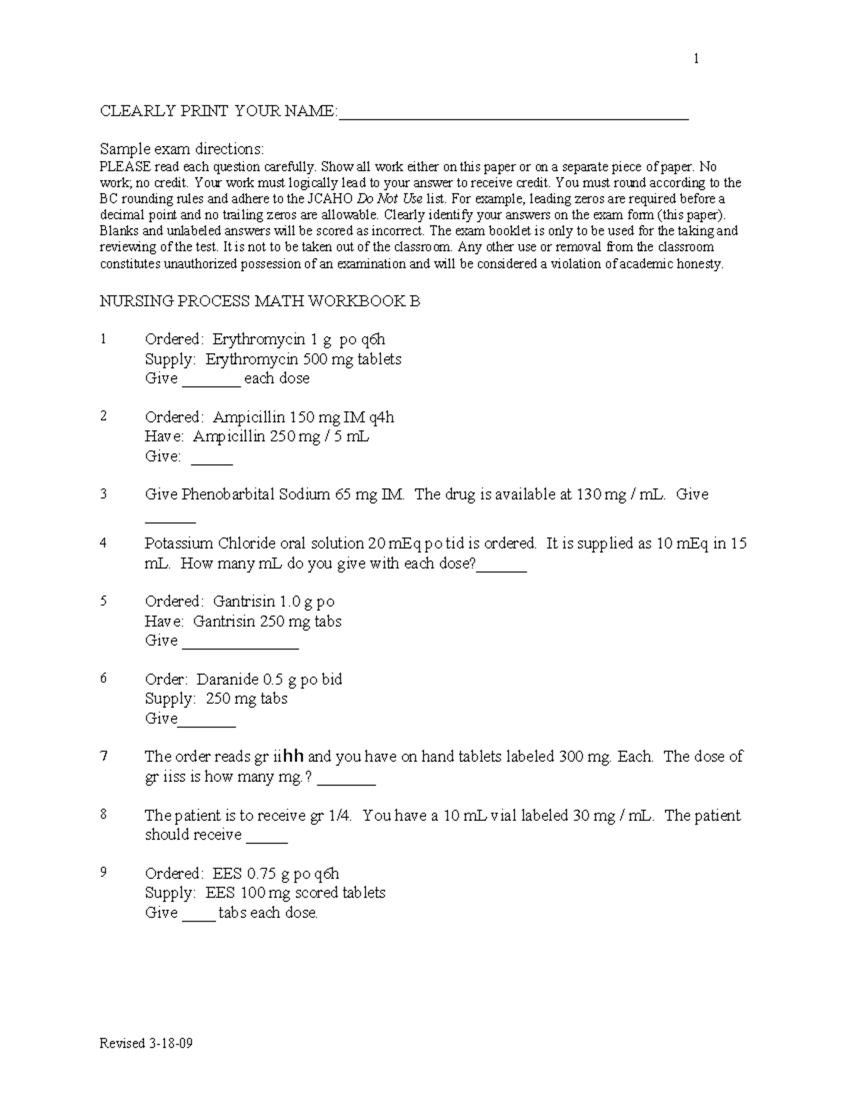 Nursing Process Math Workbook B 3-18-09 (3) - CLEARLY PRINT YOUR - Studocu