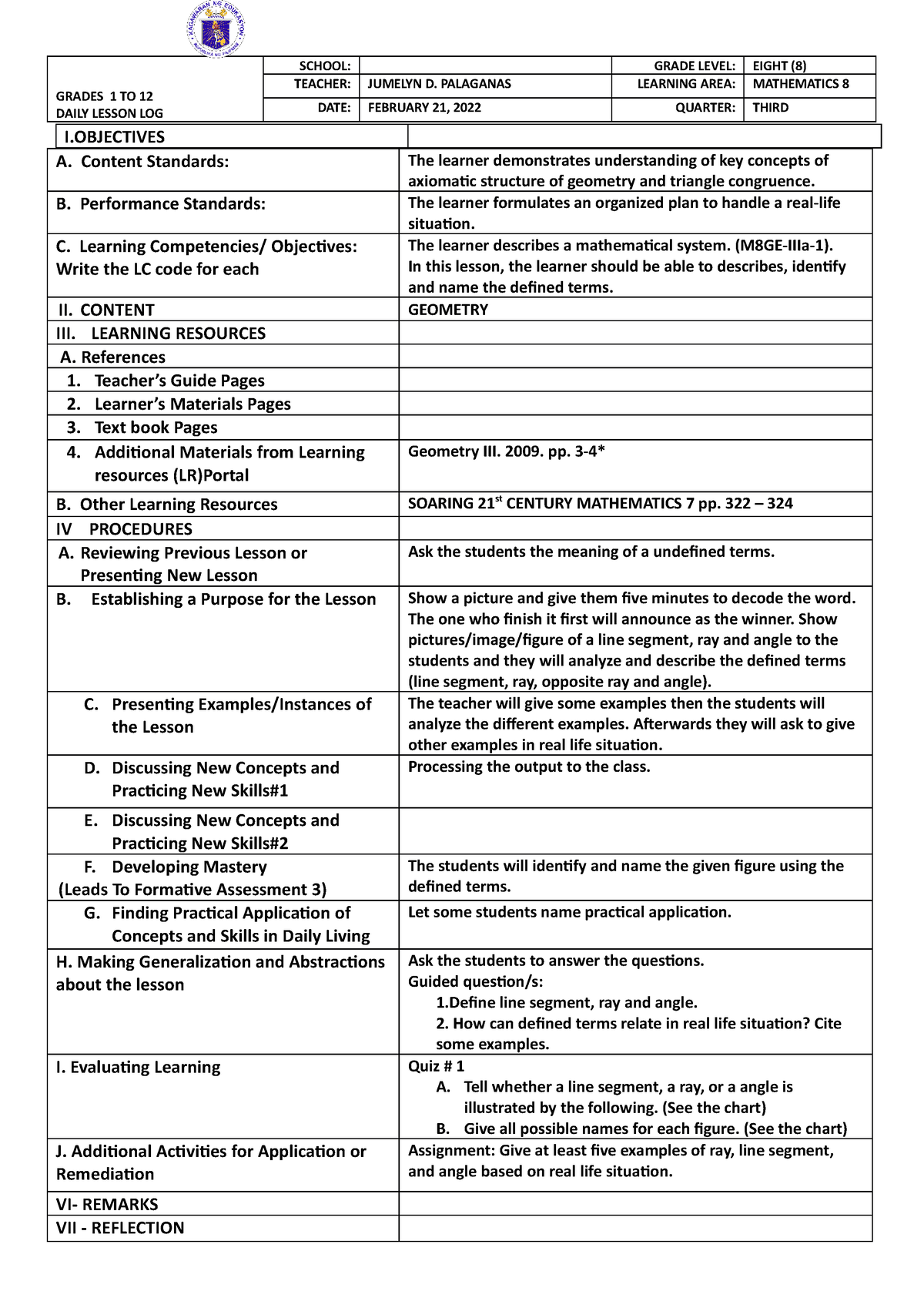 Grade 7 And 8 MATHEMATICS DAILY LESSON LOG 2021 2022 GRADES 1 TO 12 DAILY 