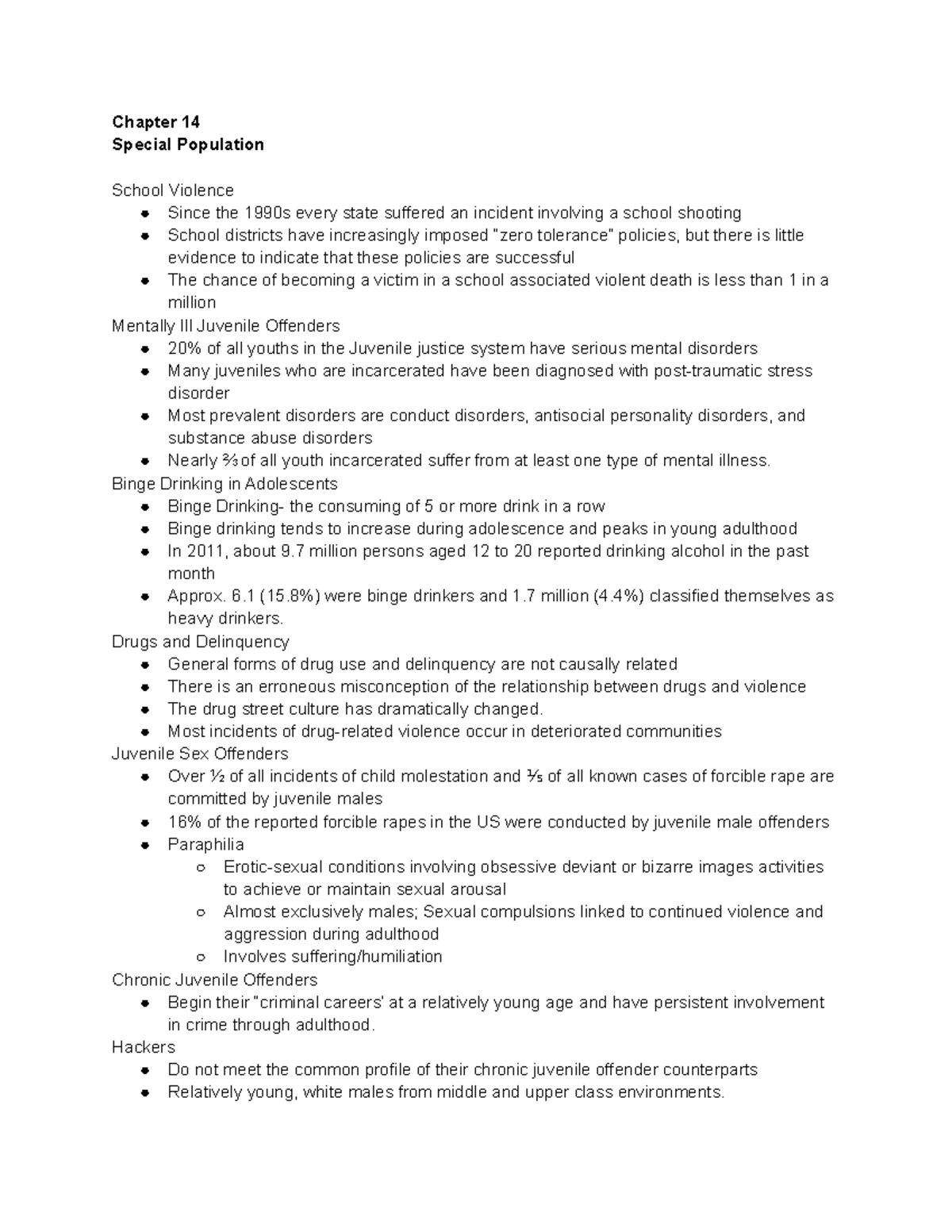 Juvenile Delinquency- Chapter 14 notes Special Population - Chapter 14 ...