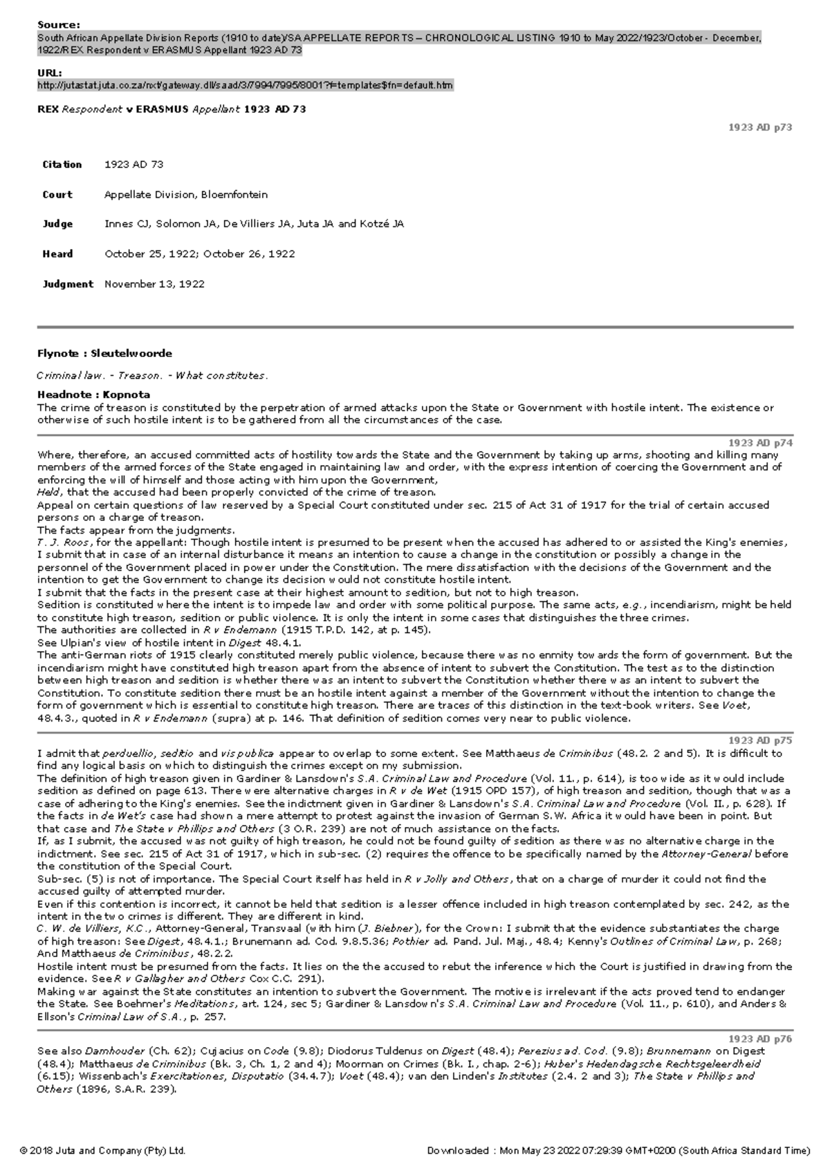 REX v Erasmus Appellant 1923 AD 73 - Source: South African Appellate ...