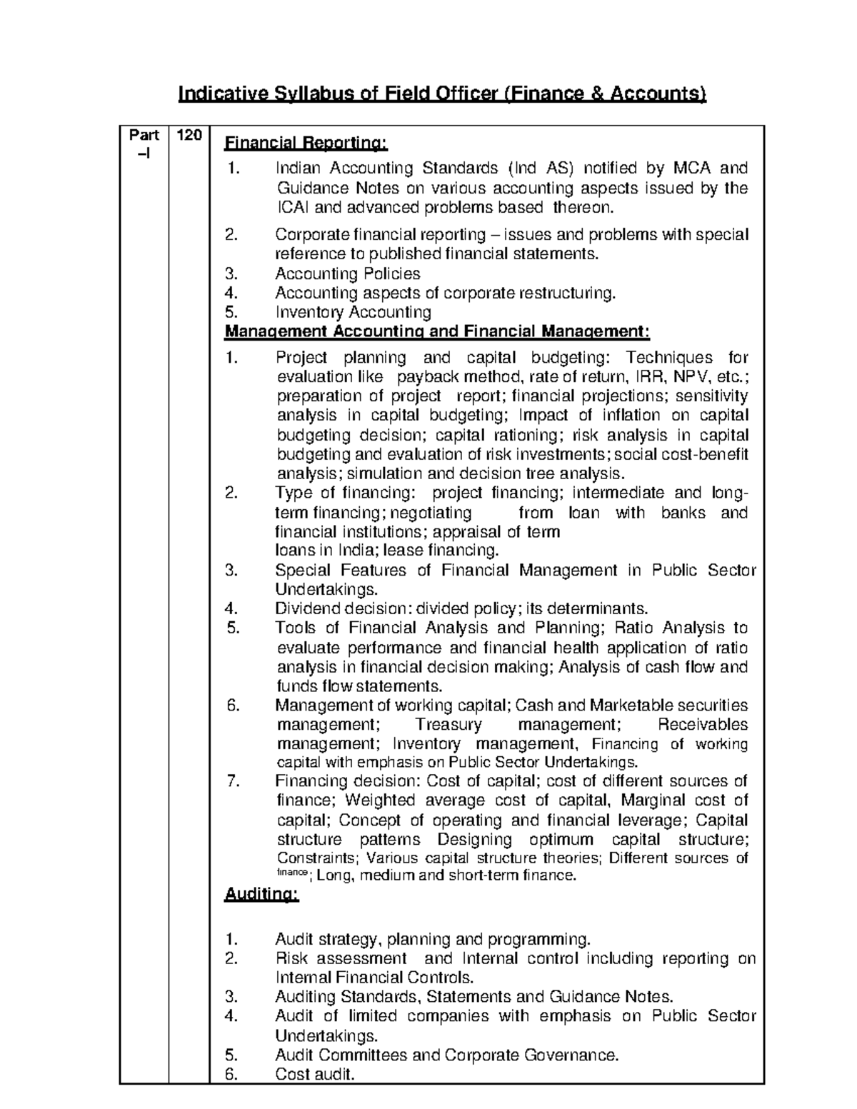 Field Officer ( F&A) Syllabus Indicative Syllabus of Field Officer