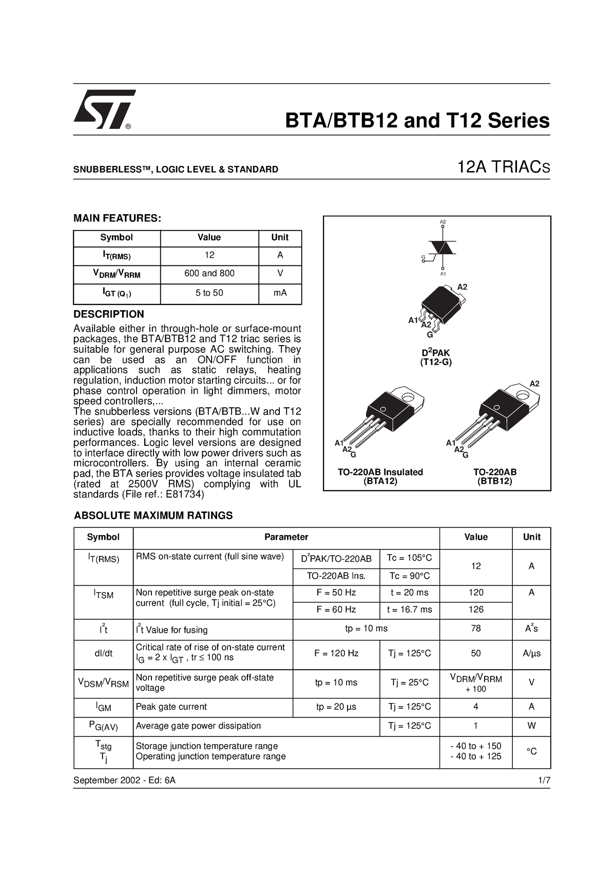 Datasheet - TRIAC DATA SHEET - 1/ ® SNUBBERLESS™, LOGIC LEVEL ...