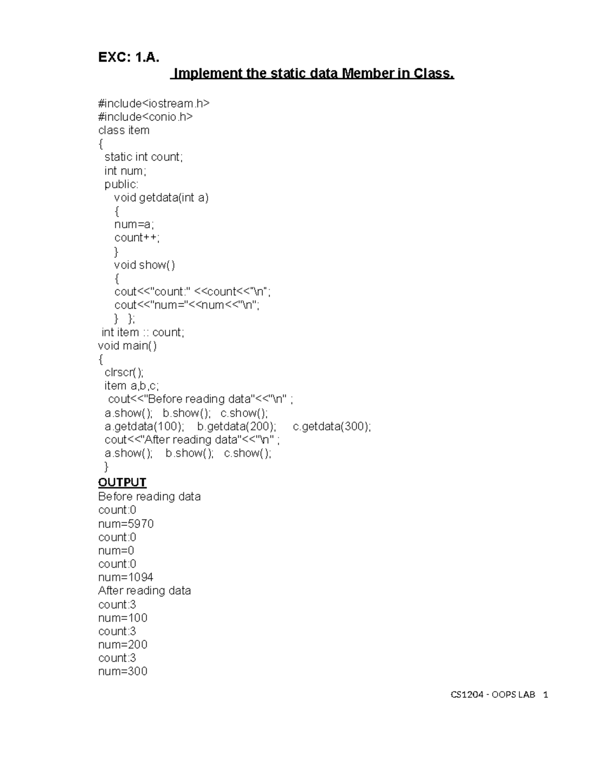 Object oriented Programming - EXC: 1. Implement the static data Member ...