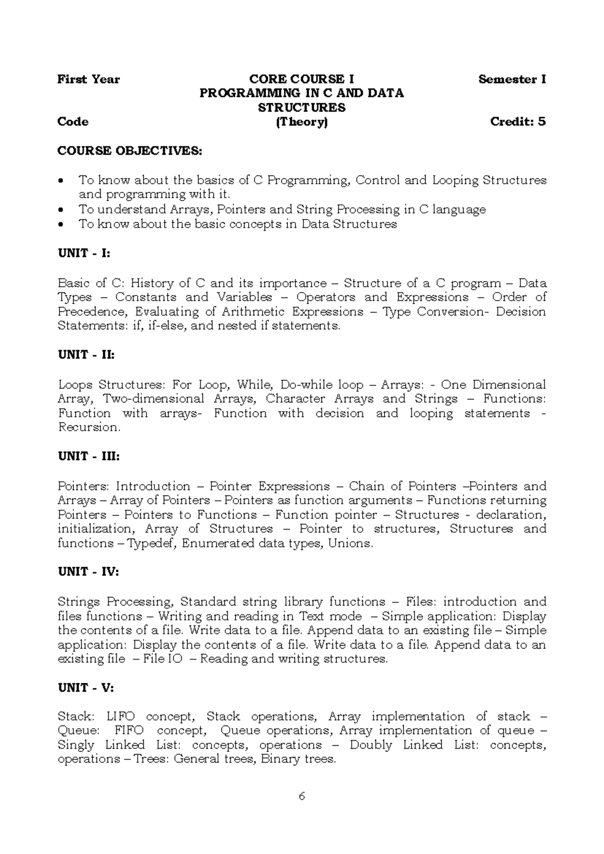 BCA 22-23 C DS - c syllabus - 6 First Year CORE COURSE I Semester I ...