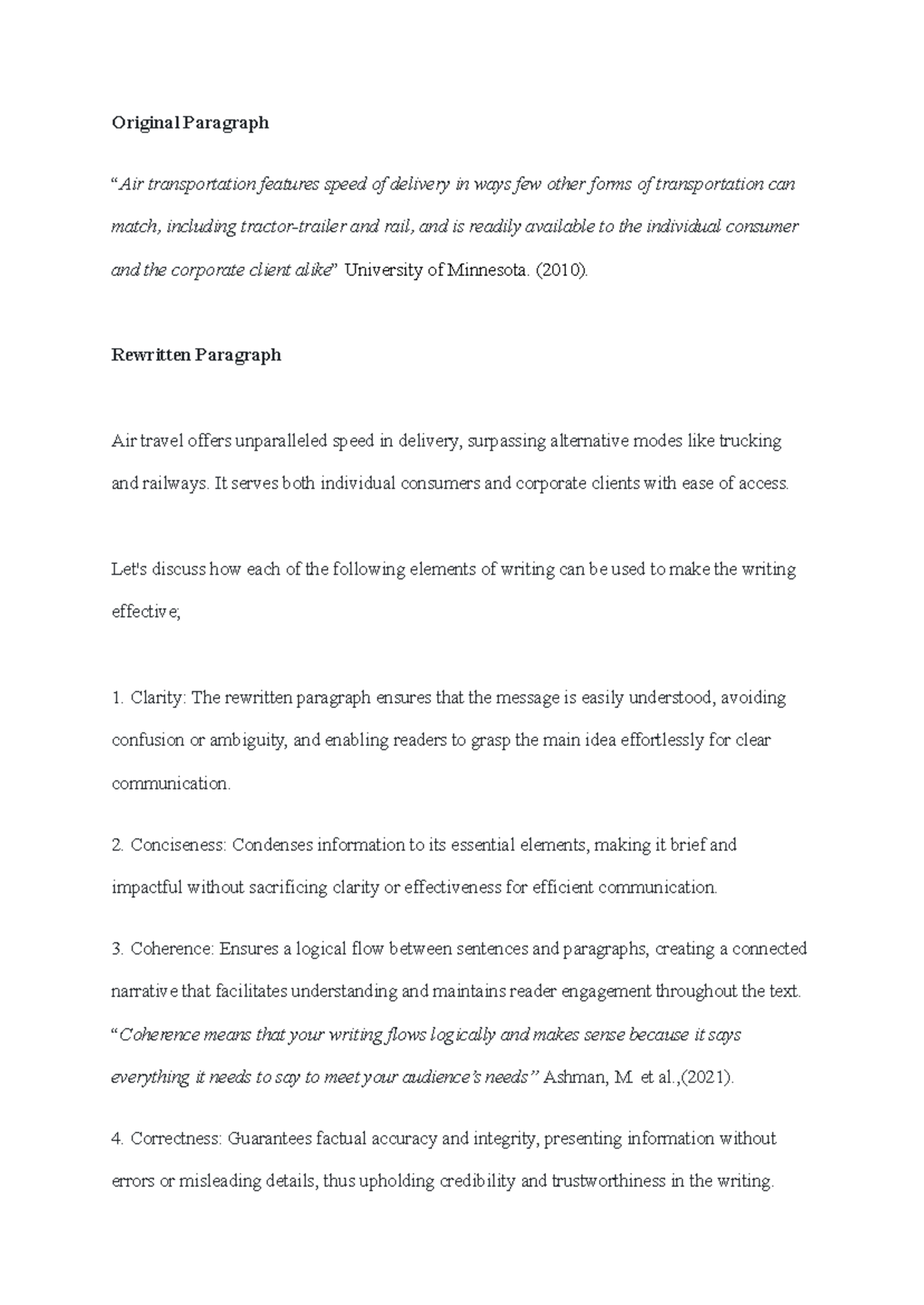 ENGL 1102 unit 1 Discussion - Original Paragraph “Air transportation ...