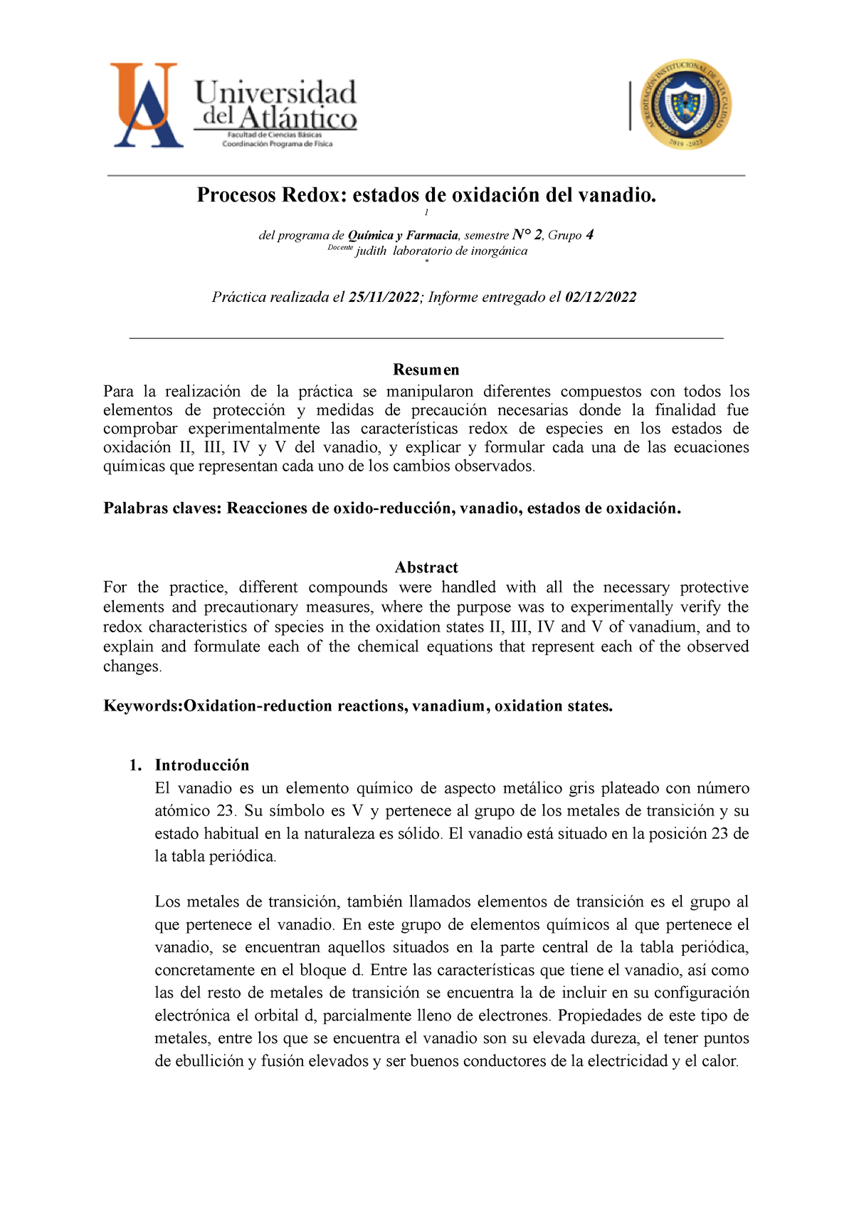 Procesos Redox estados de oxidacion del vanadio - 1 del programa de Docente  Química y Farmacia , - Studocu