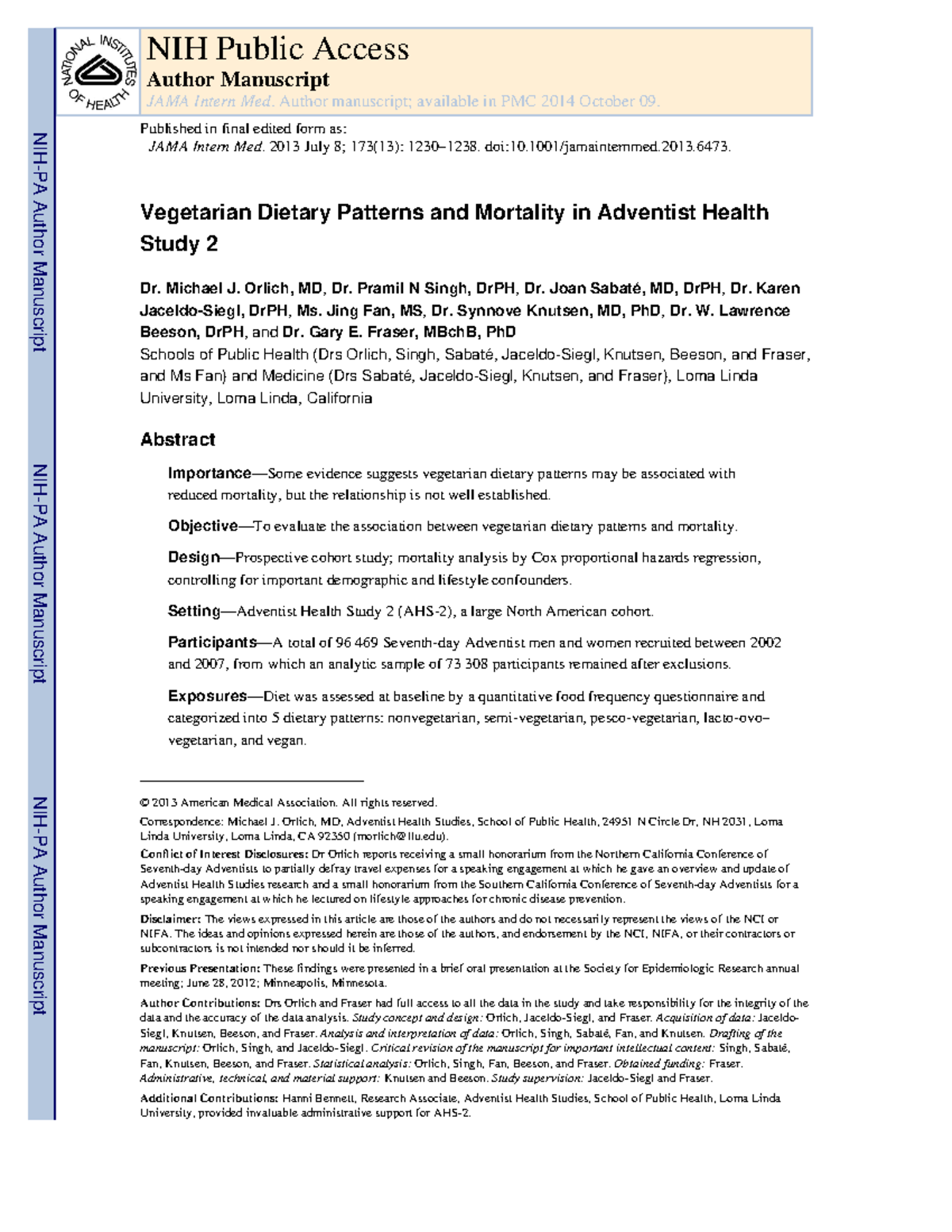 Vegetarian Dietary Patterns and Mortality in Adventist Health 2013 ...
