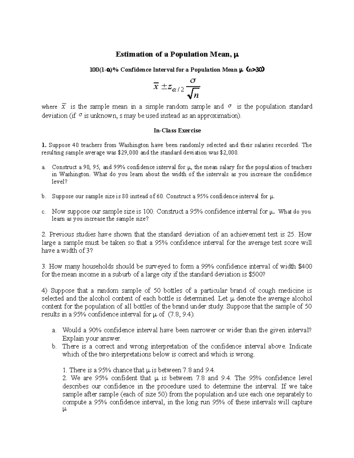 Confidence Interval for a Population Mean - In-Class Exercise 1 ...