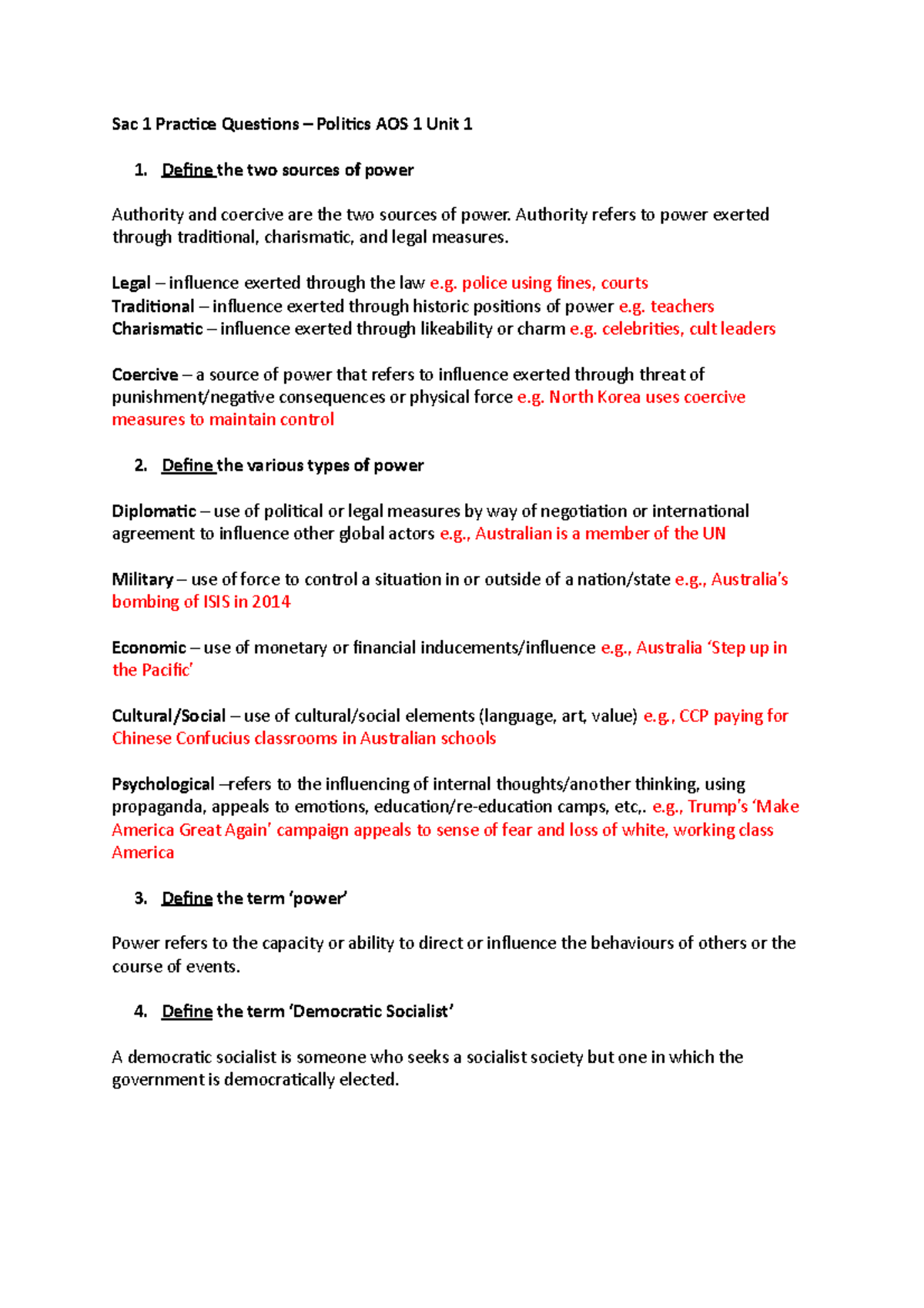 Sac 1 Practice Questions Define the two sources of power Authority