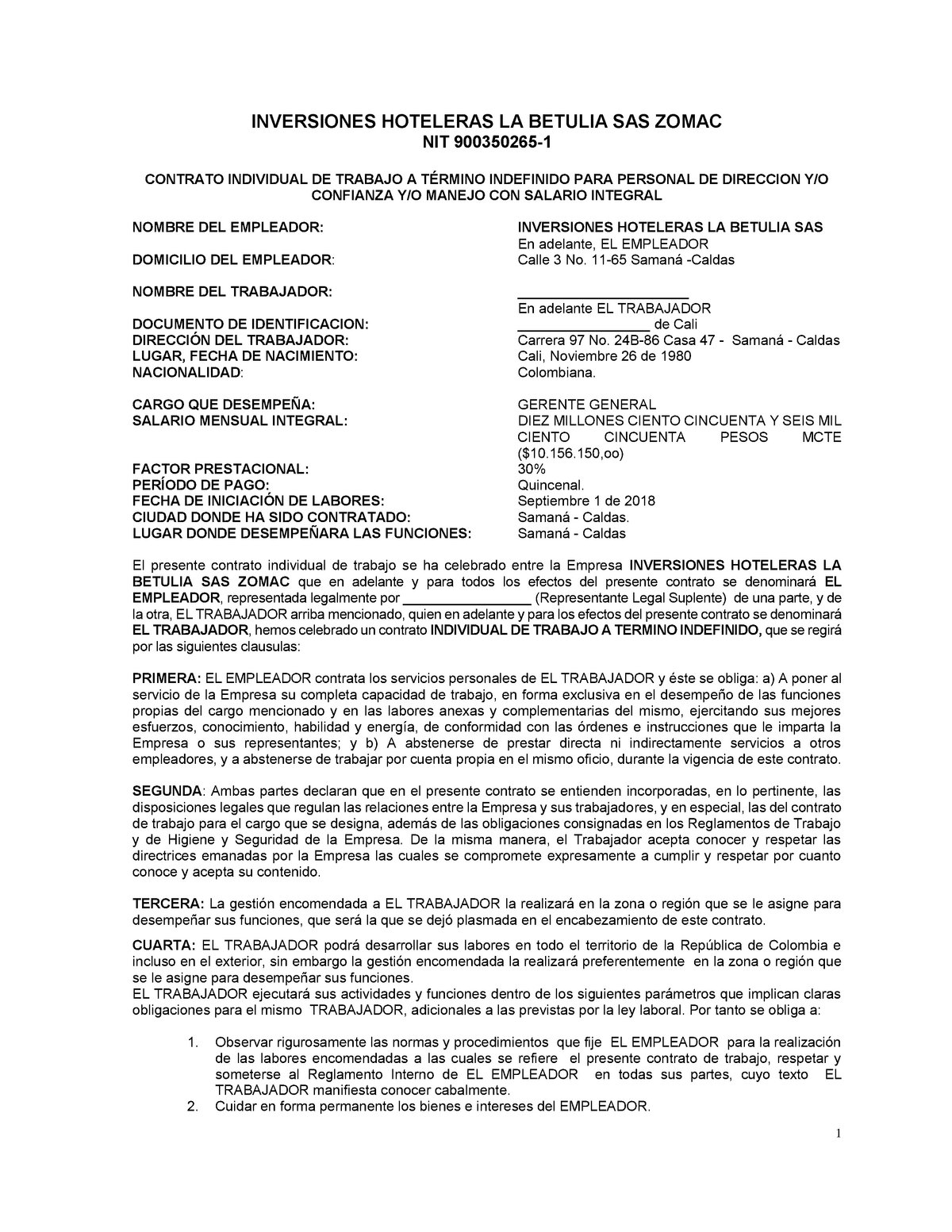 Modelo De Contrato De Trabajo Para Gerente General Na 1329