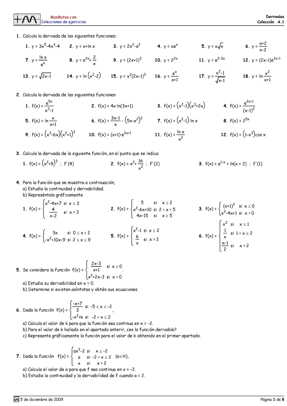 Ejercicios Generales Calculo Derivadas Integrales - MasMates ...