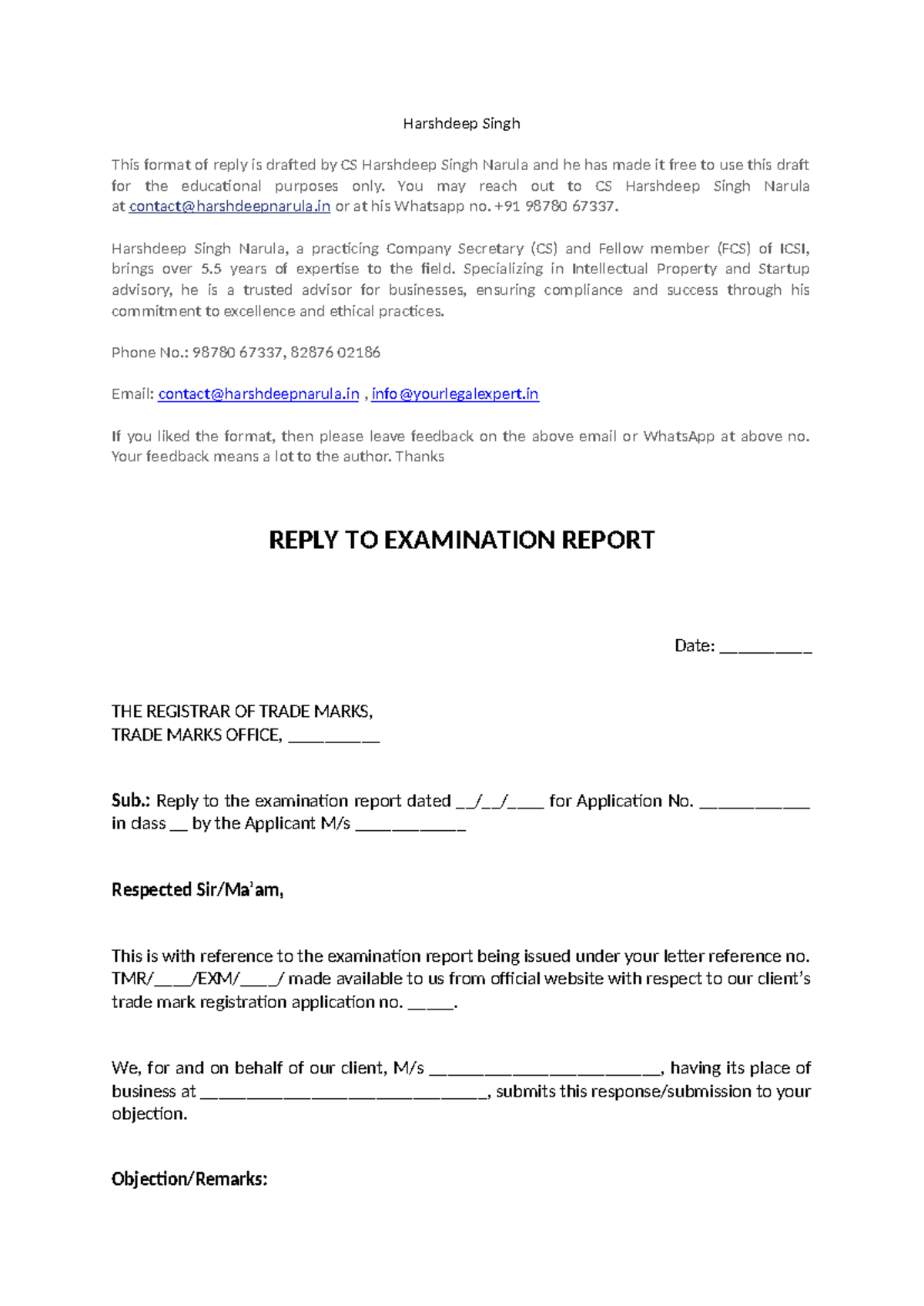 Section 11 (1) Reply TRADE MARK - Harshdeep Singh This format of reply ...