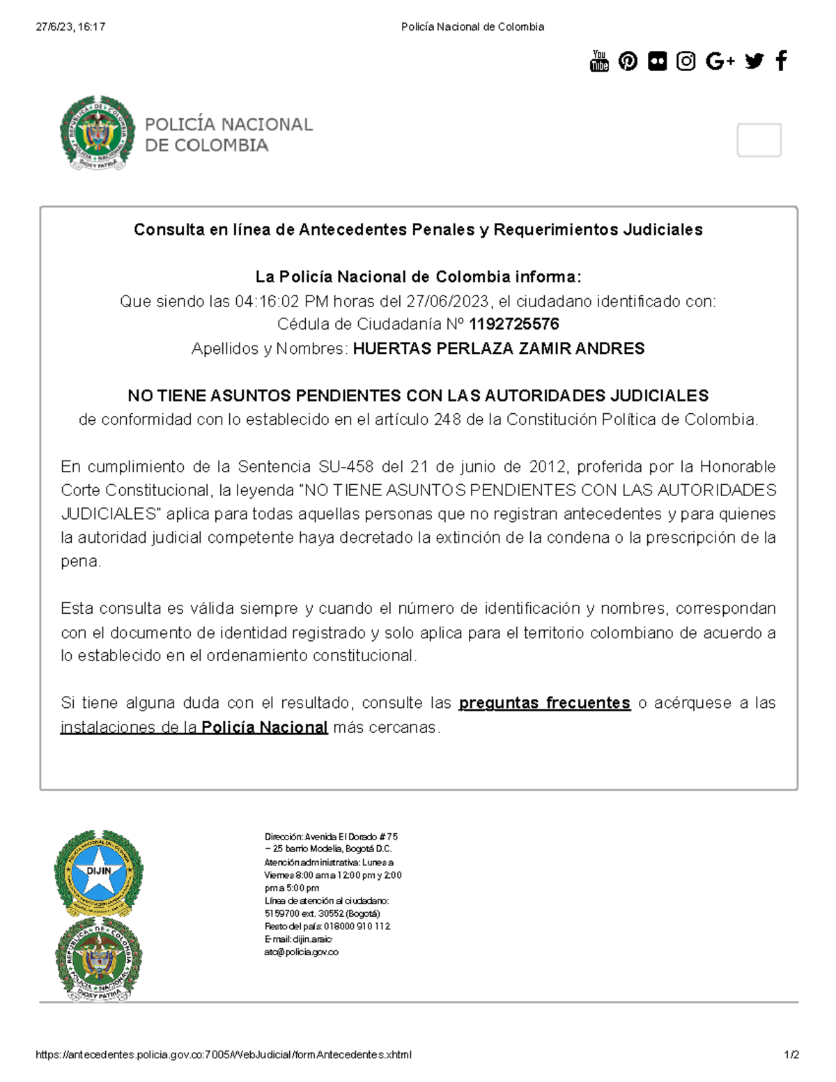 Policía Nacional De Colombia - 27/6/23, 16:17 Policía Nacional De ...