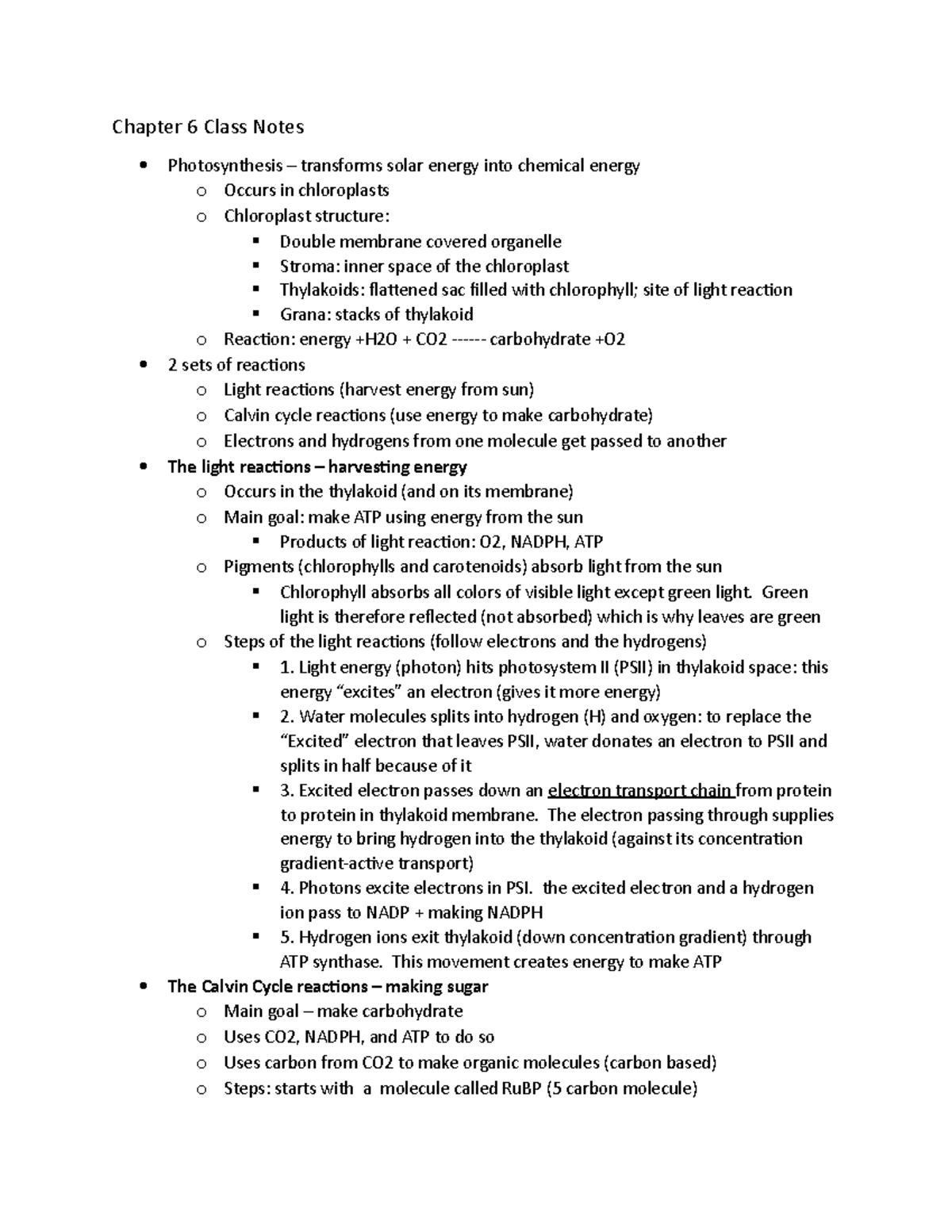 Chapter 6 Class Notes - Chapter 6 Class Notes Photosynthesis ...