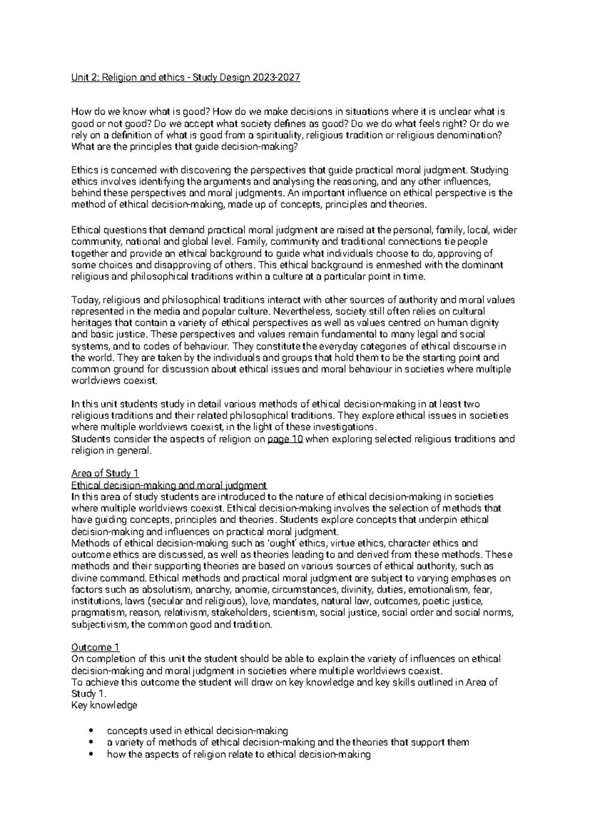 RAS Unit 2 - Ethics - jijl - Unit 2: Religion and ethics - Study Design ...