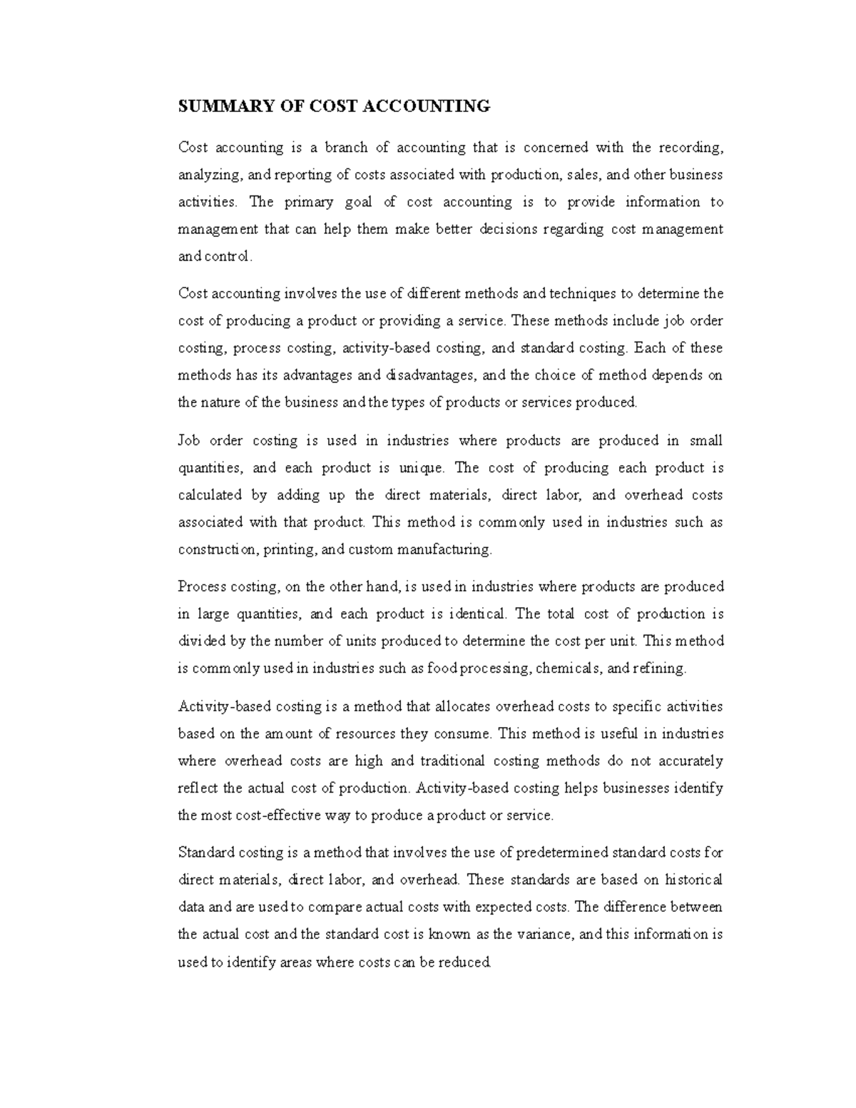 Summary of Cost Accounting SUMMARY OF COST ACCOUNTING Cost accounting