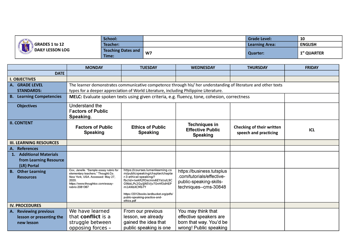 English 10 q1 w8 - sample only - GRADES 1 to 12 DAILY LESSON LOG School ...