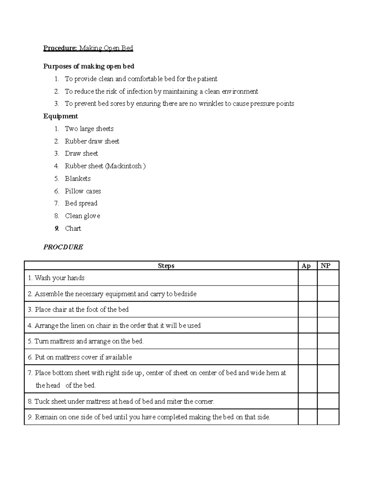 2. Bed making procedure check list Procedure Making Open Bed