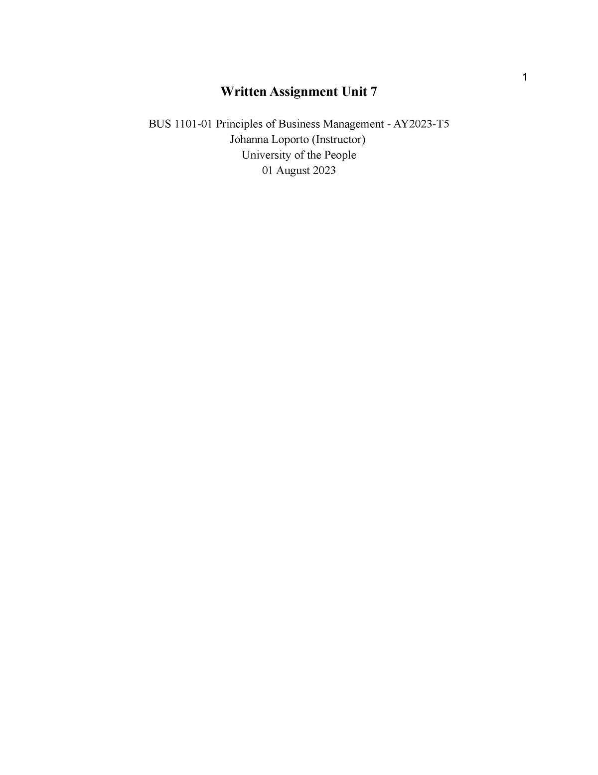 Written Assignment Unit 7 Business - Written Assignment Unit 7 BUS 1101 ...