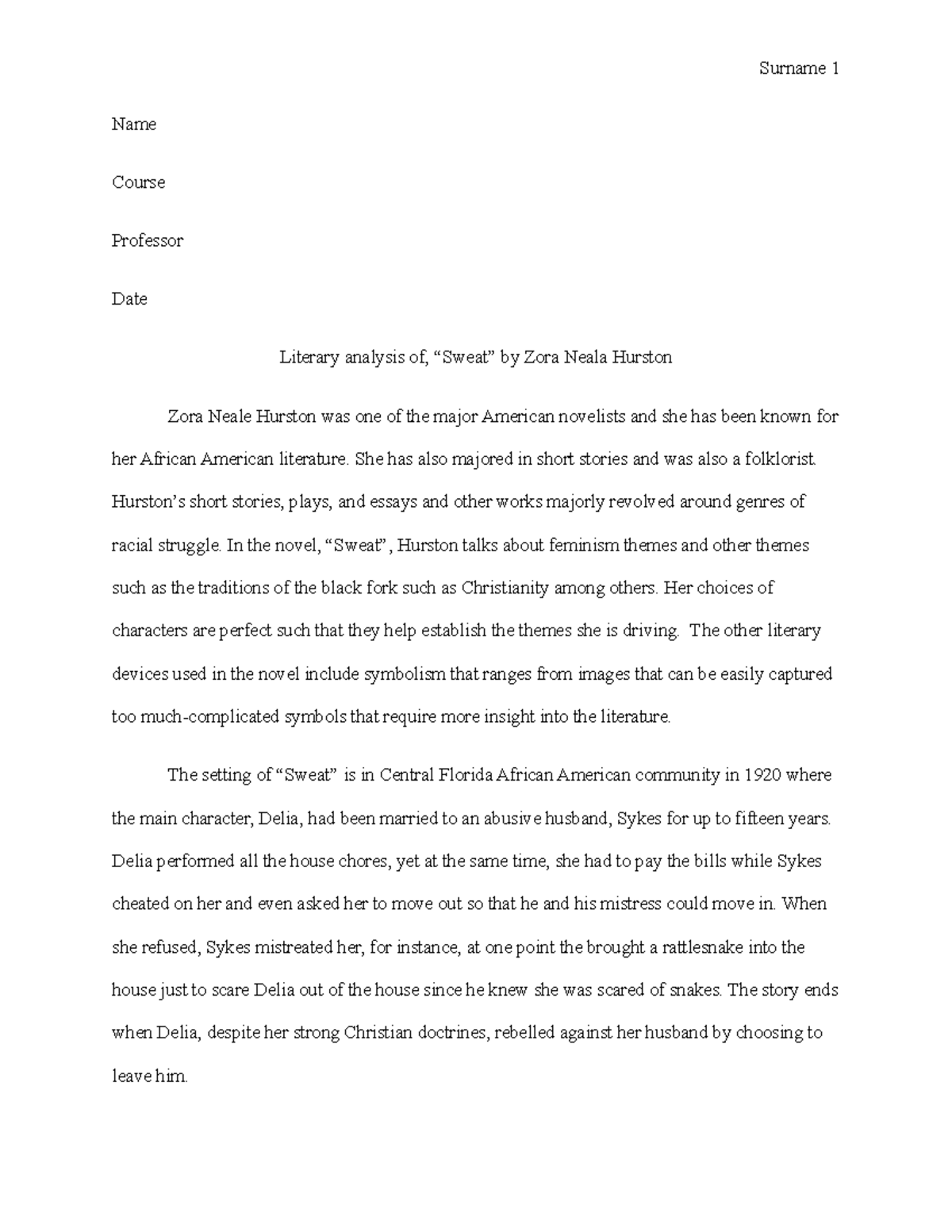 literary analysis essay on sweat by zora neale hurston