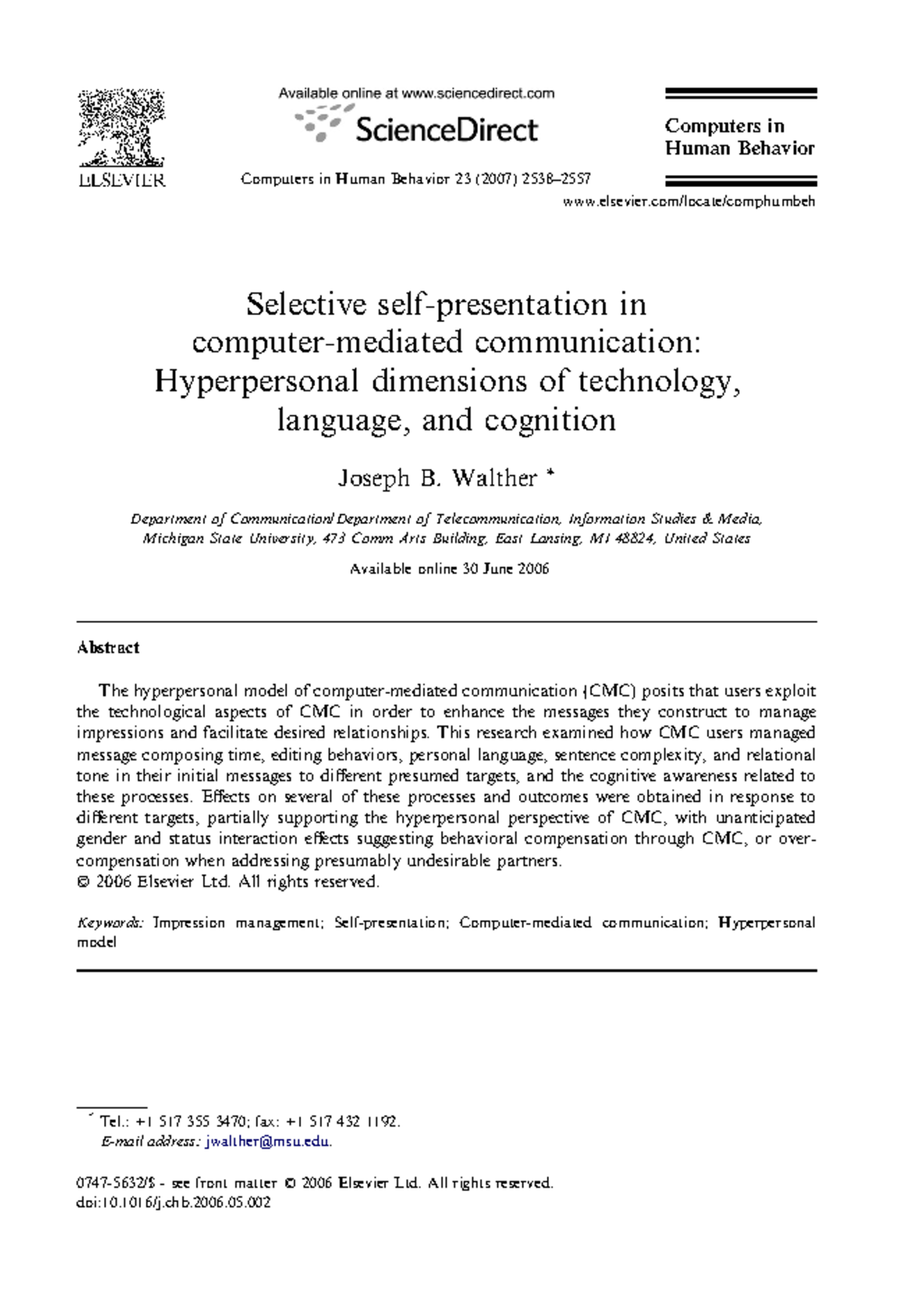 Hyperpersonal dimensions - Walther Department of of Telecommunication ...