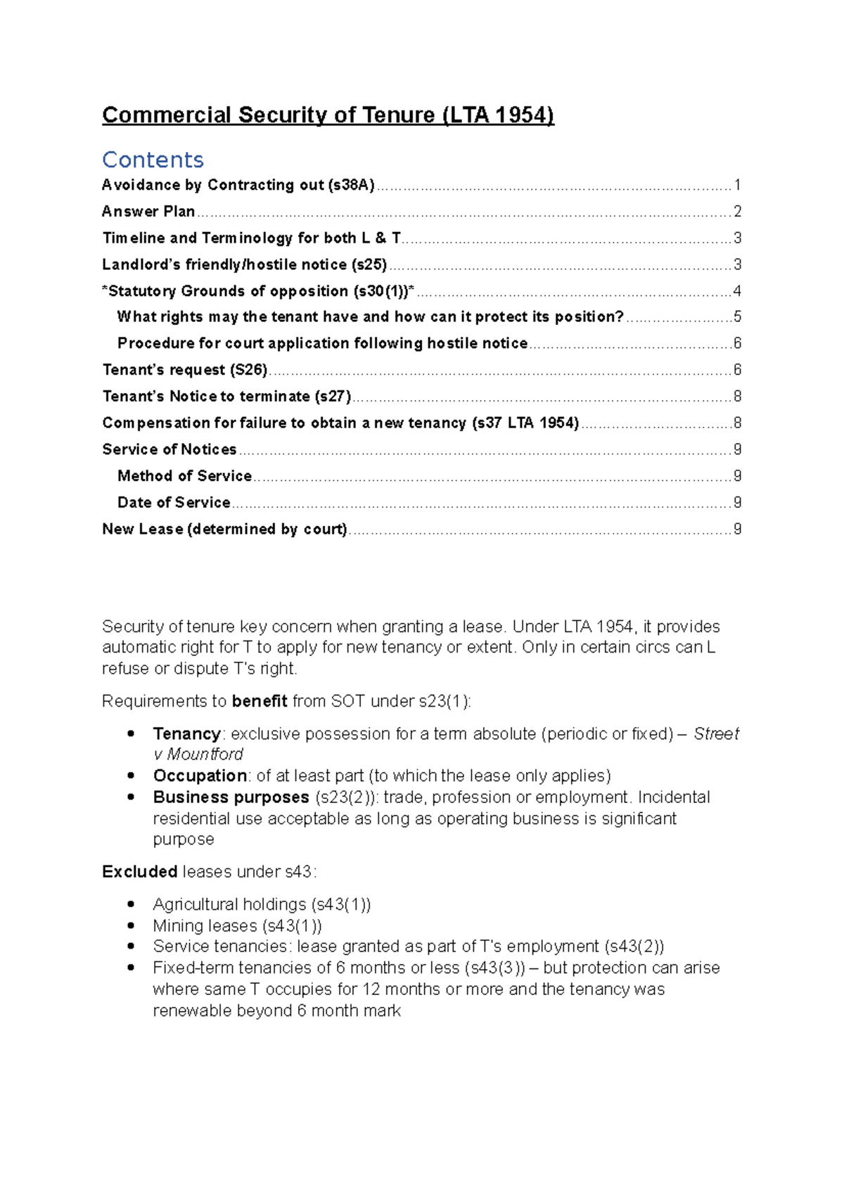 PLPR Commercial Security of Tenure Commercial Security of Tenure (LTA 1954) Contents