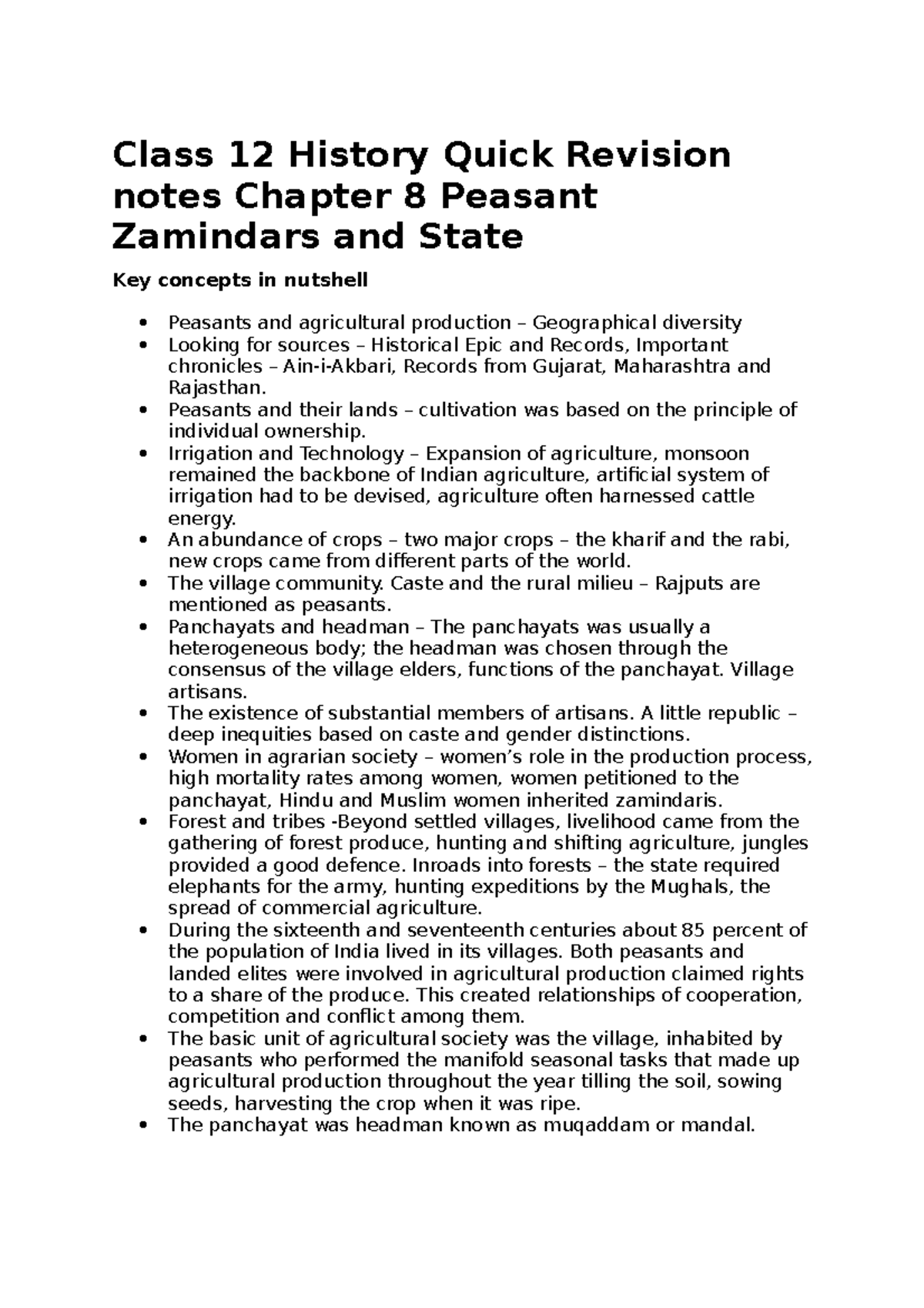 Class 12 History Quick Revision notes Chapter 8 Peasant Zamindars and State Peasants and their
