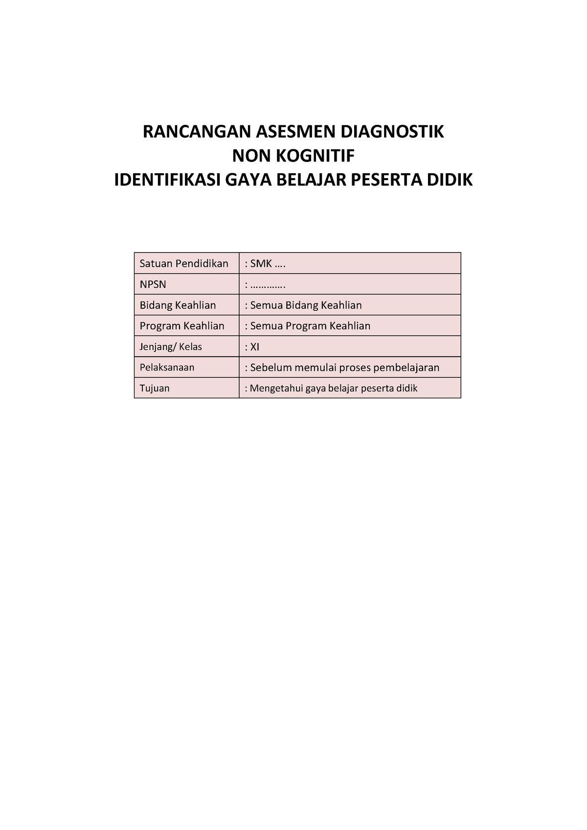 Asesmen Diagnostik Gaya Belajar Siswa - RANCANGAN ASESMEN DIAGNOSTIK ...